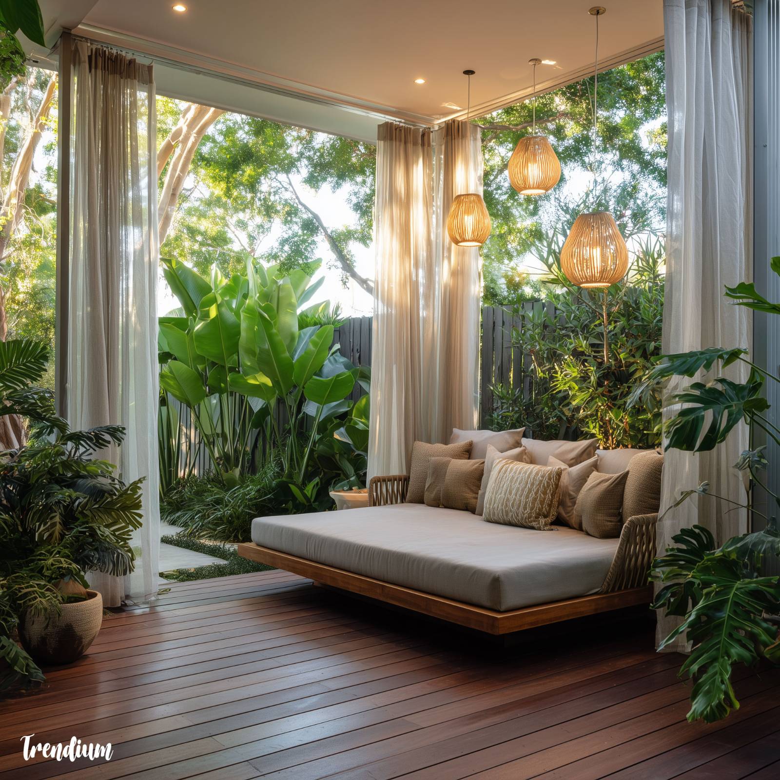 [prompt] a modern home veranda with cabana and tropical modern design, wood decking, hanging sheer curtains, rattan daybed with earth-tone cushions, surrounded by potted banana leaves and monstera, soft lighting, peaceful retreat vibe --style raw --v 7