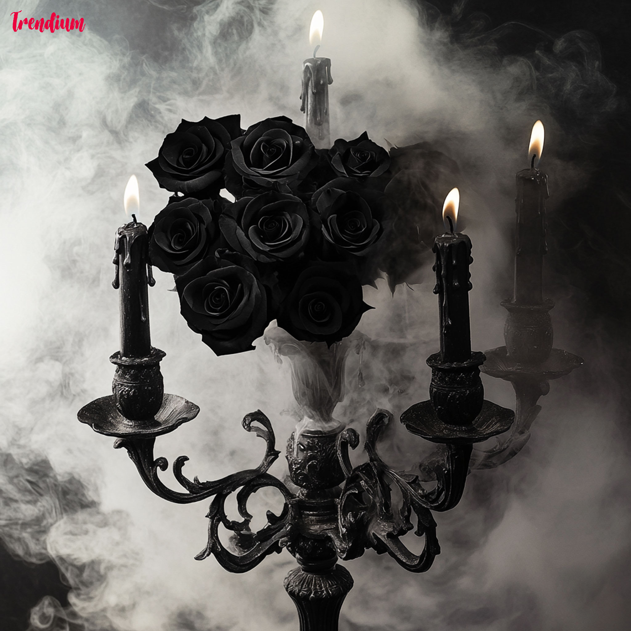 [prompt] black roses blooming on an antique candelabra, surrounded by mist and candle smoke, surreal gothcore atmosphere
