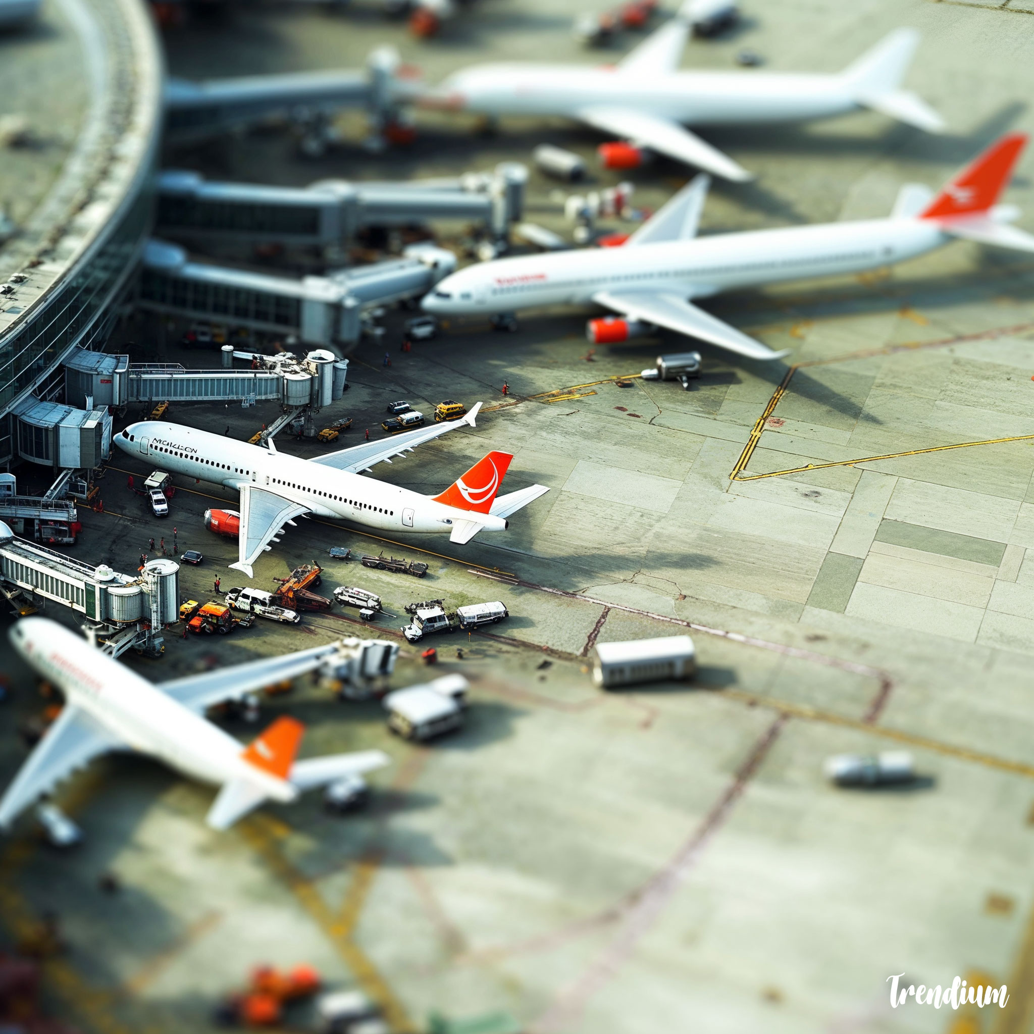 [prompt] Tilt-shift photography of a busy airport, planes look like toy models