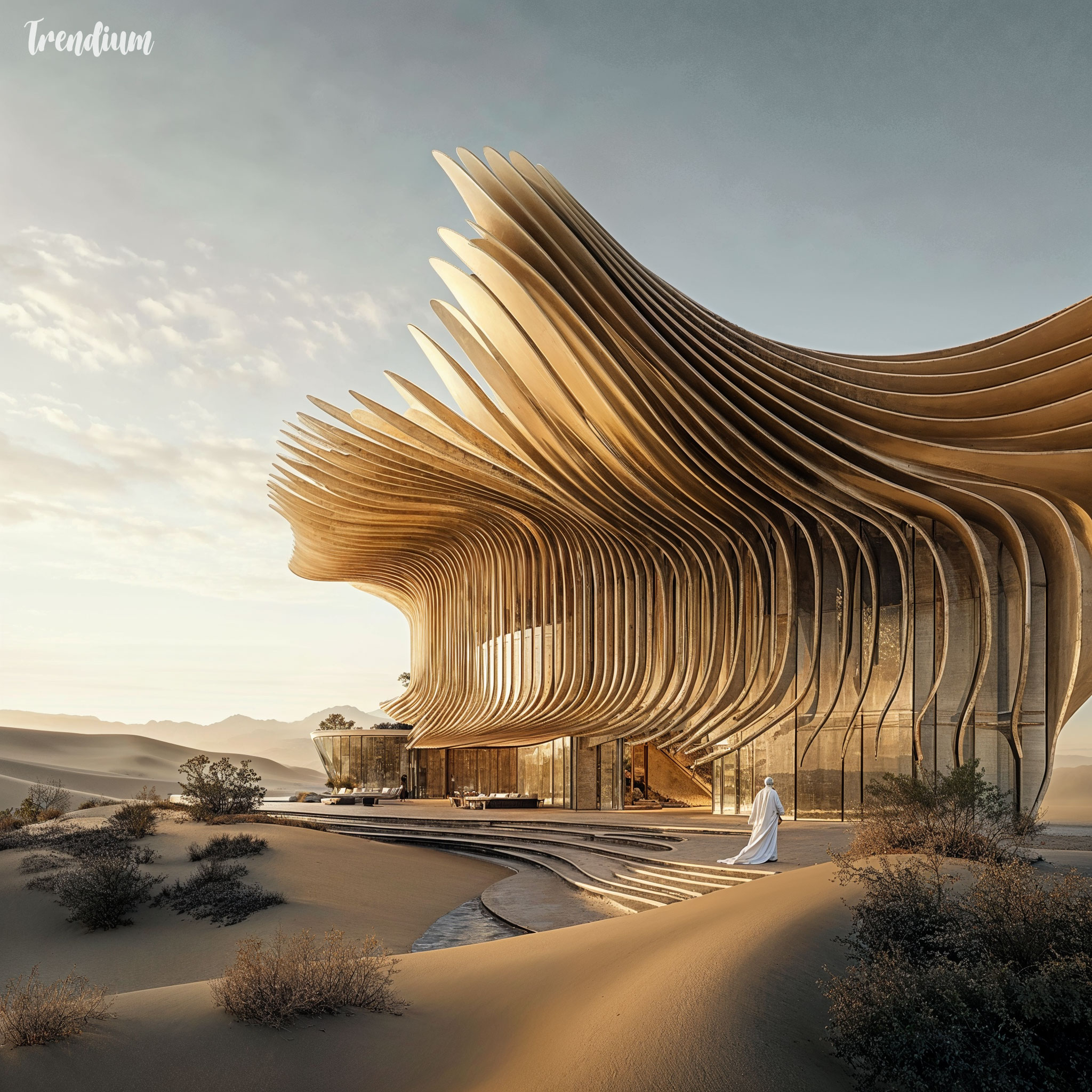 [prompt] A luxurious parametric hotel in the desert, featuring wave-like structures and an adaptive facade that reflects the golden hues of sand dunes, surrounded by minimalistic landscaping, ultra-detailed architectural rendering, natural desert lighting