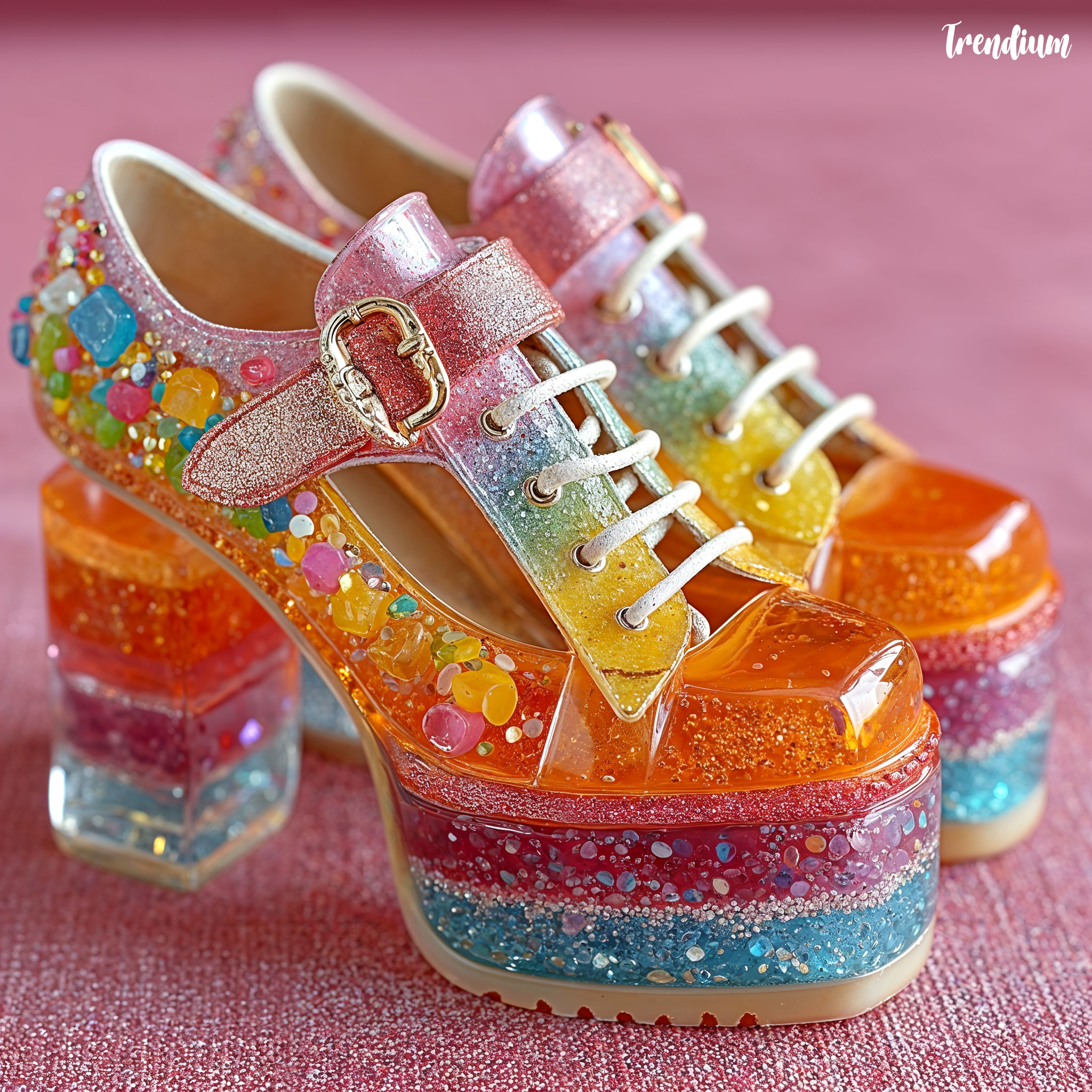 [prompt] kichi inspired platform shoes, resin heels, glitter accessories, candy toy design, hyper saturated neon colors --v 7 --stylize 1000