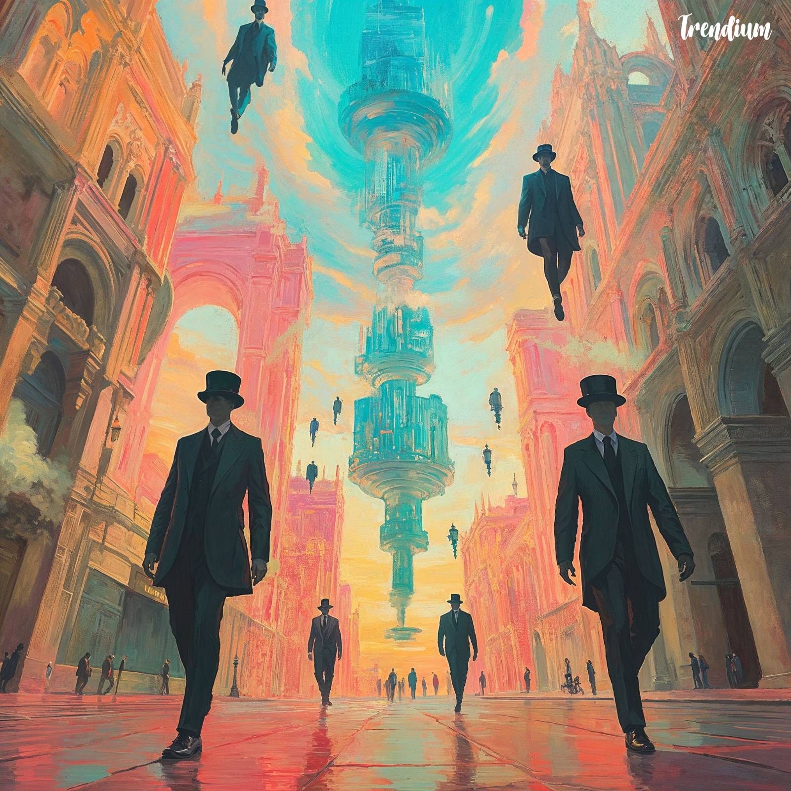 [prompt] A futuristic cityscape bathed in vibrant, dreamlike colors. Towering buildings in shades of turquoise, pink, and gold stretch towards a swirling, sunset-hued sky. Floating, identical figures in dark suits and bowler hats drift gracefully through the air, their shadows casting soft, kaleidoscopic reflections on the ground below. The streets are lined with arches and statues, now in bright pastels, and distant structures glow with warm, radiant light. The scene feels timeless, with vivid, surreal contrasts of modern and classical architecture. The colors blend in a soft, dreamlike haze, evoking a magical, yet unsettling, dream world inspired by Giorgio de Chirico, with a surreal twist of vibrant energy.