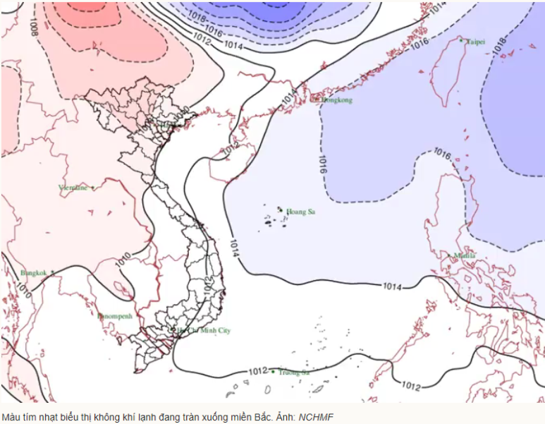 연보라색은 찬공기가 베트남 북부로 유입되는 중임을 나타냅니다