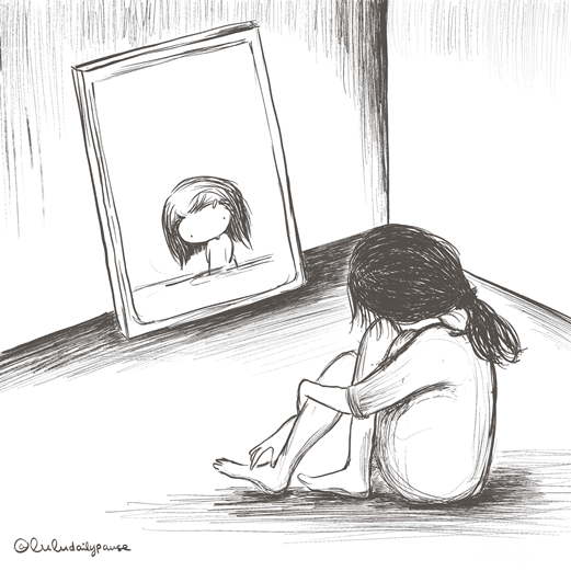몸은 나이가 들고 성장하고 있는데 거울 속의 저의 내면아이는 아직도 똑같은 일로 상처받고 방황하는 것 같아서 표현해본 그림입니다.