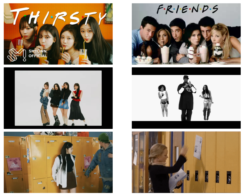 (좌) 'Thirsty' Track Video / (우) <프렌즈(Friends)>, 'Snoop Dogg - Drop It Like It's Hot' MV, <퀸카로 살아남는 법(Mean Girls)> 