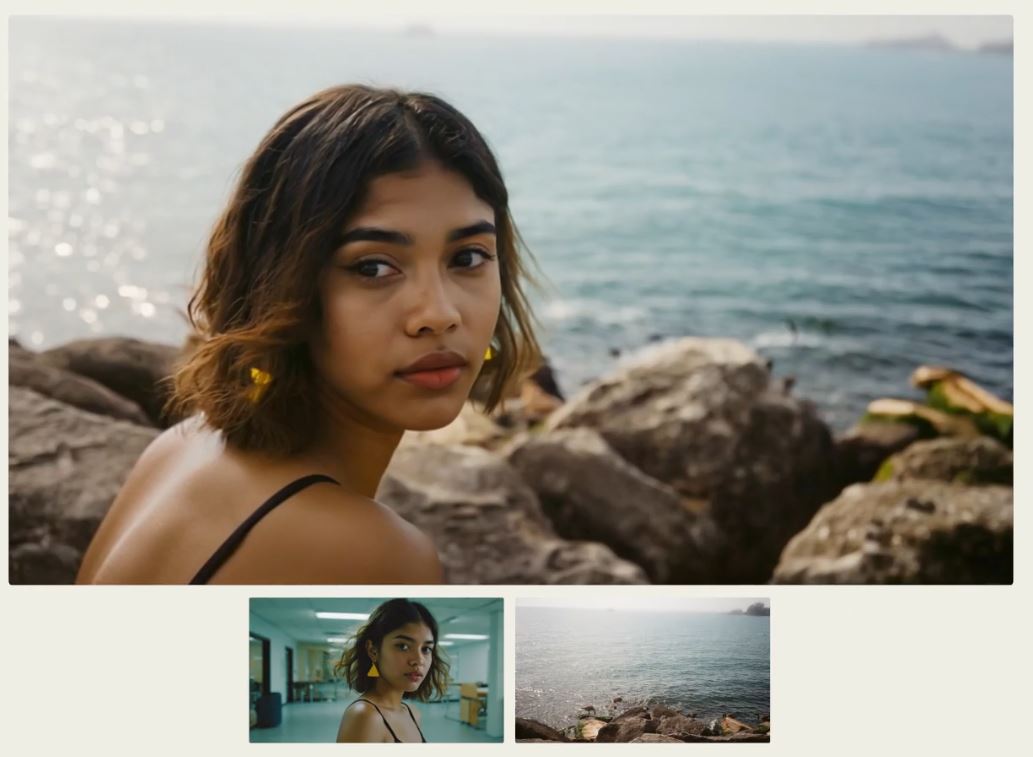 Gen-4 모델은 아래쪽 인물사진과 배경 사진을 합성해서 위쪽 사진과 같은 결과물을 생성해요. 이후 다른 배경에서도 동일 인물을 유지할 수 있죠.