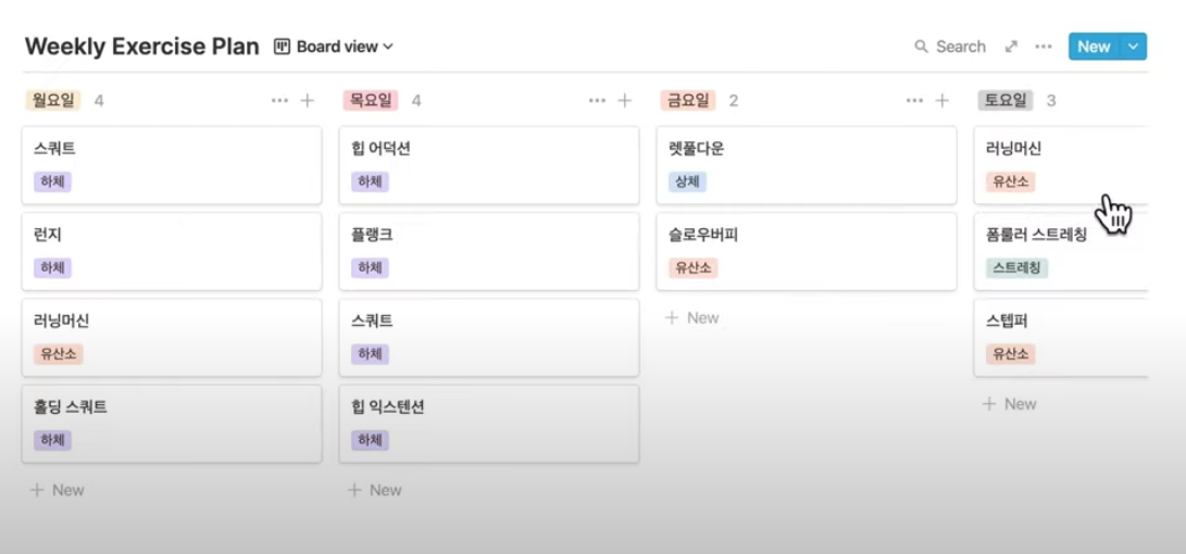 일주일 단위로 보면서 운동 종류를 적절히 분배할 수 있어요. (Elin Lee님의 템플릿 일부. 하단 2번)