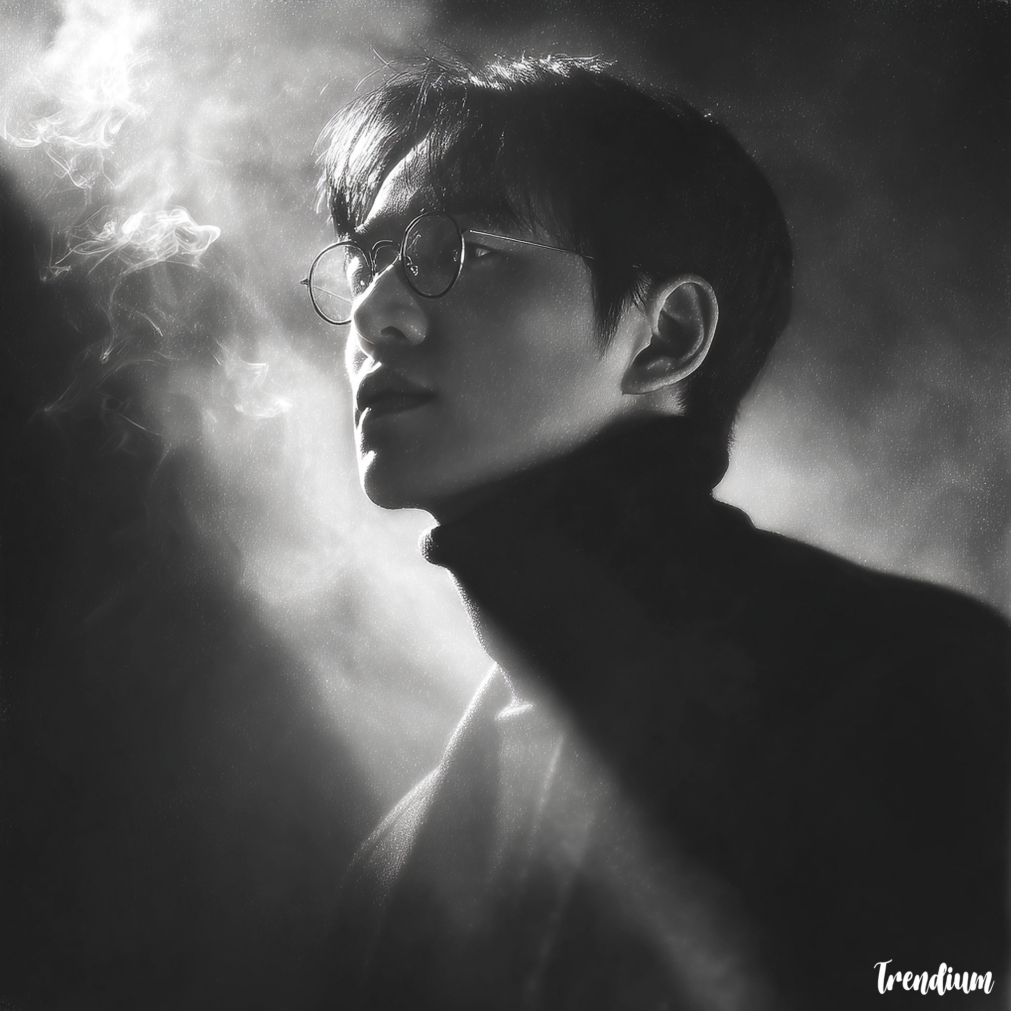 [prompt] Black and white portrait of Korean man in modern beatnik style, wearing black turtleneck and round glasses, smoke in the background, deep shadows, high contrast, artistic and philosophical mood