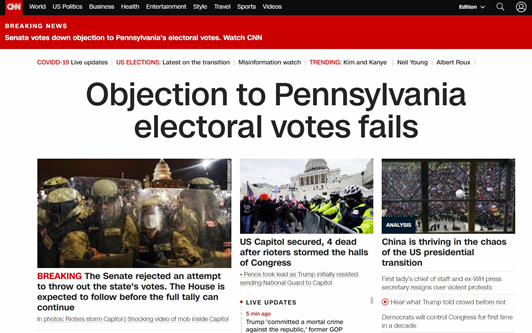 공화당이 망가지는 것도 문제다. 공화당 의원들은 트럼프의 패배 이후, 형식적인 절차일 뿐인 선거인단 인증에 훼방을 놓는 등 악질적으로 대응했다. 지난 1월 6일, 펜실베이니아의 선거인단 인증에 반대하는 표결이 상원에서 실패했음을 알리는 cnn 뉴스 홈페이지.