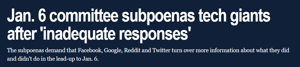 Jan. 6 committee subpoenas tech giants after 'inadequate responses' (nbcnews.com)