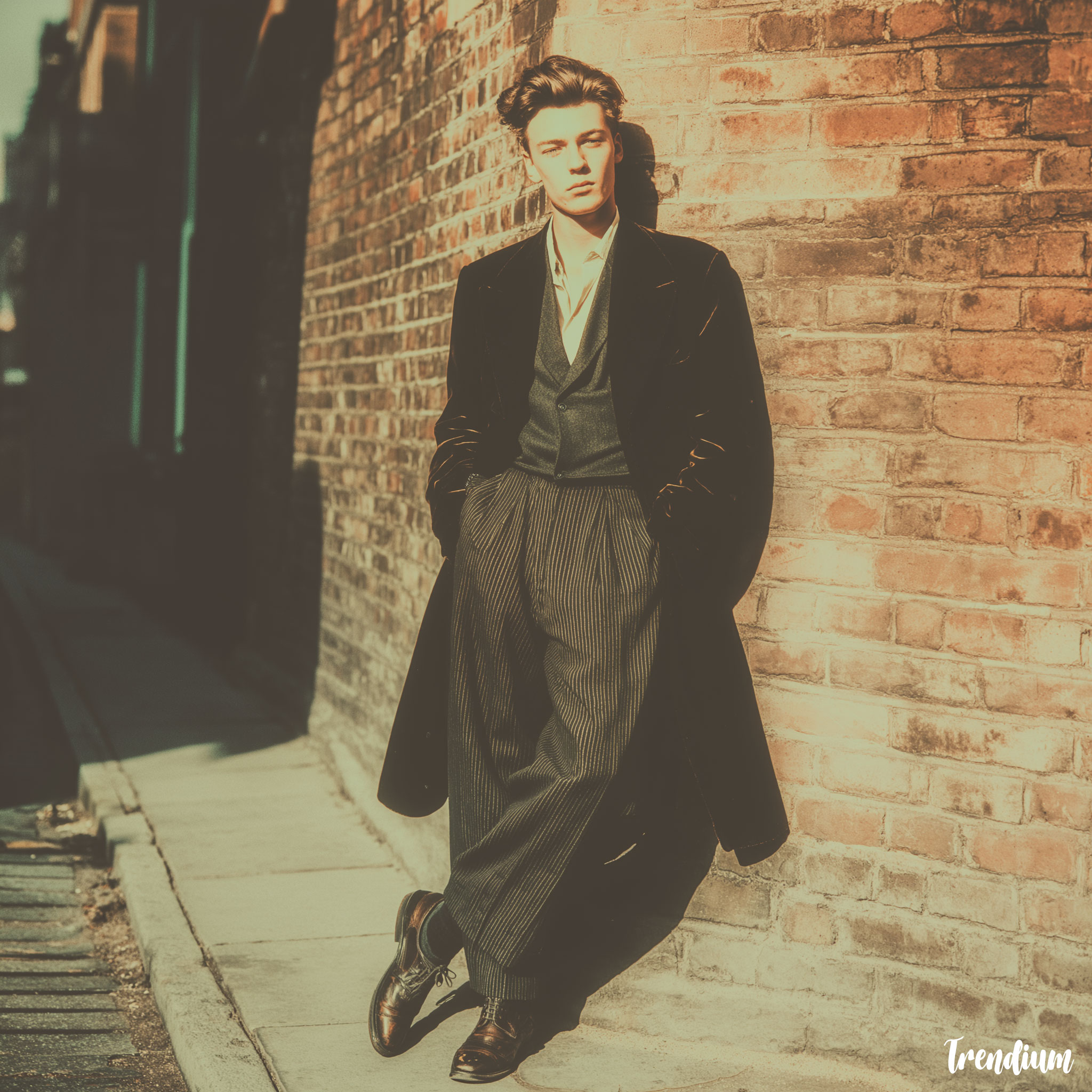 [prompt] A 1950s British Teddy Boy standing on a cobbled London street, wearing a long drape velvet jacket with satin lapels, high-waisted tapered trousers, brothel creepers, and a DA hairstyle, leaning confidently against a brick wall, cinematic lighting, retro film grain --v 7 --stylize 300