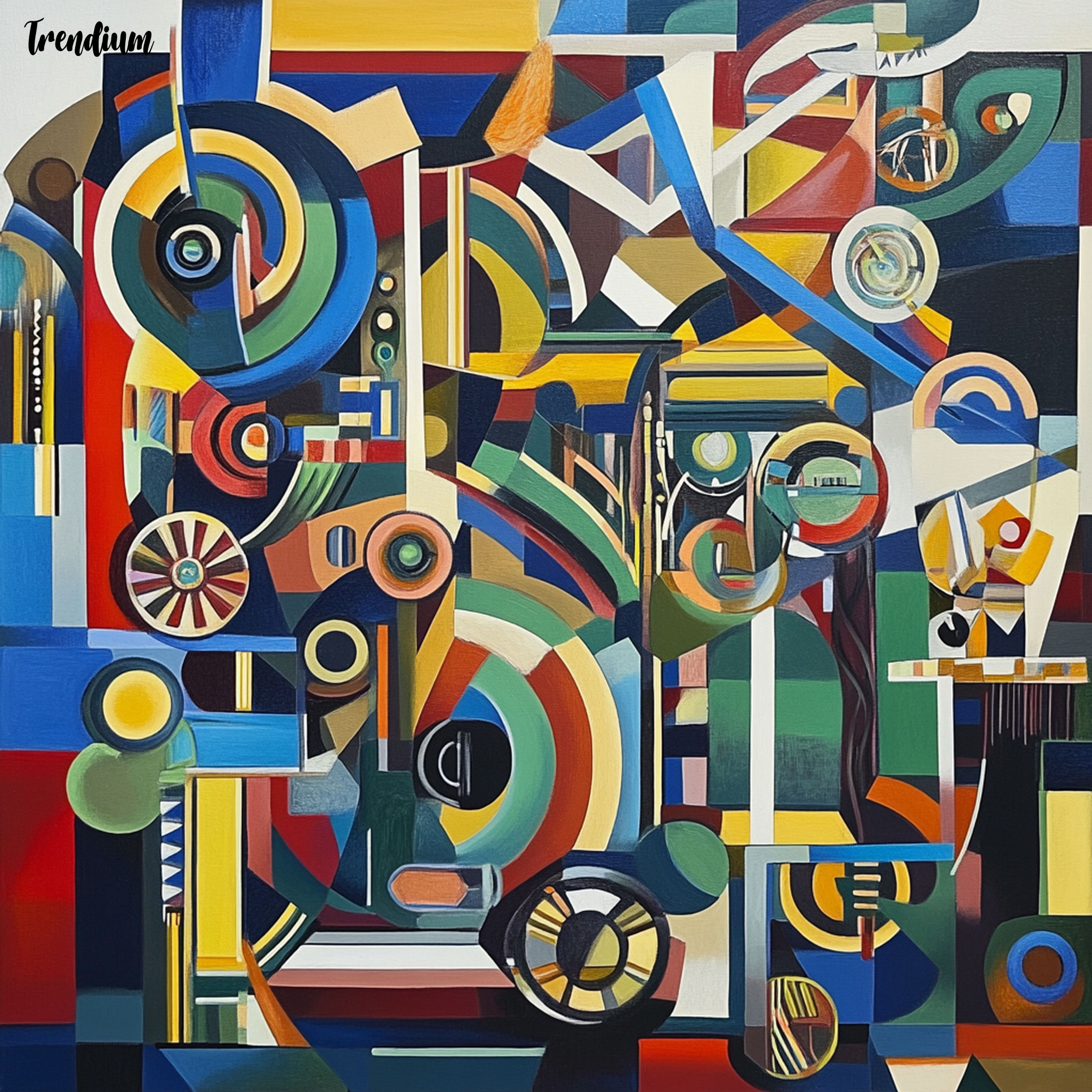 [prompt] Arrangements representing different hues and artificial intelligence. Cubism-style abstract future geometric figures and colorful patterns. This composition includes elements such as gears, wires, computer screens, and other technical symbols. Using oil painting techniques on the canvas, it shows complex interactions between colors and forms, creating visually fascinating scenes