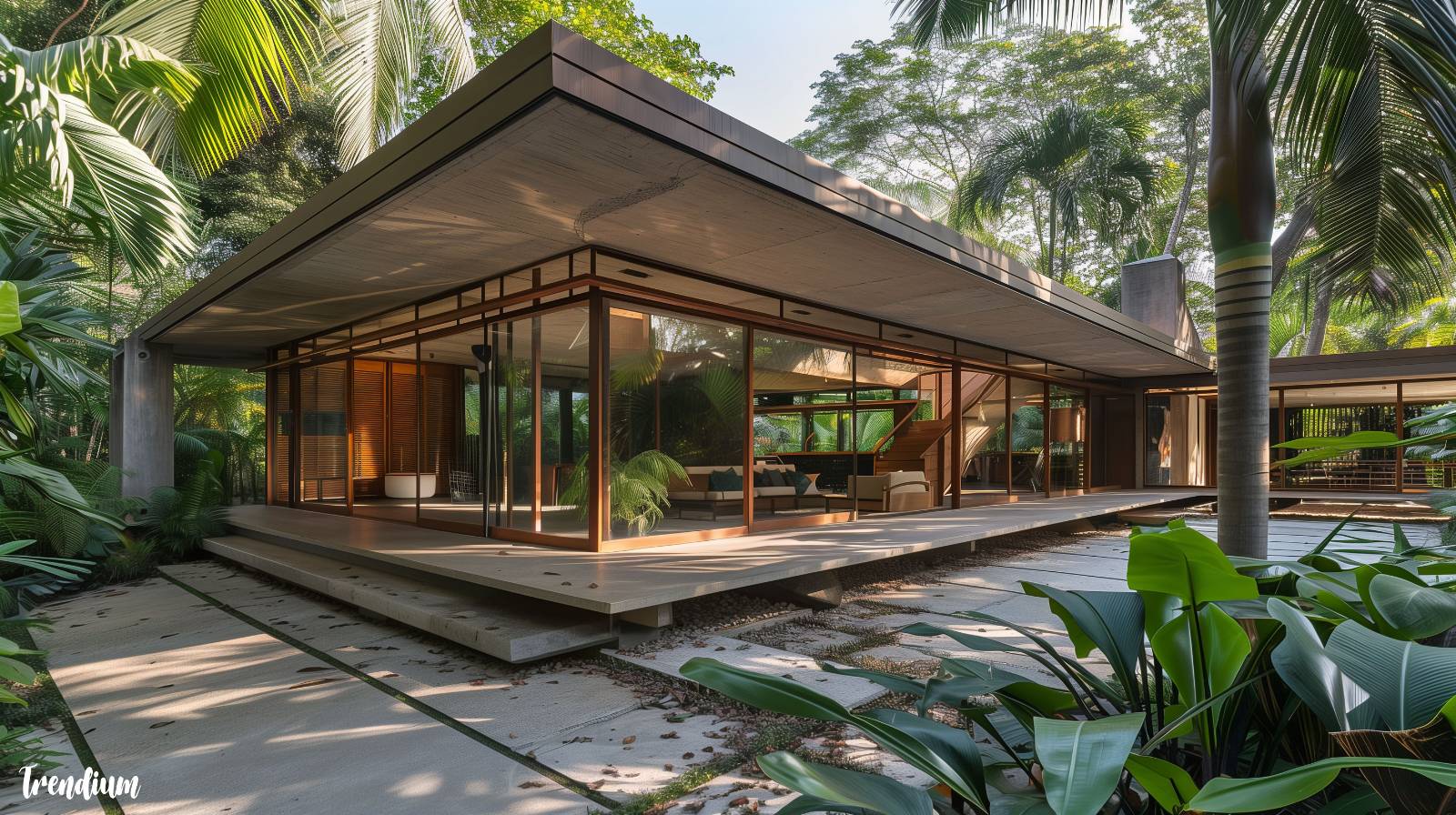 [prompt] an early tropical modernism house from the 1950s, located in a lush jungle setting, flat roof with wide overhangs, open concrete structure with natural wood elements, large glass panels, central courtyard filled with tropical plants, minimalistic yet warm, soft shadows under palm trees, natural ventilation design, inspired by Geoffrey Bawa and Oscar Niemeyer, cinematic daylight, vintage architectural photography style --ar 16:9 --style raw --v 6