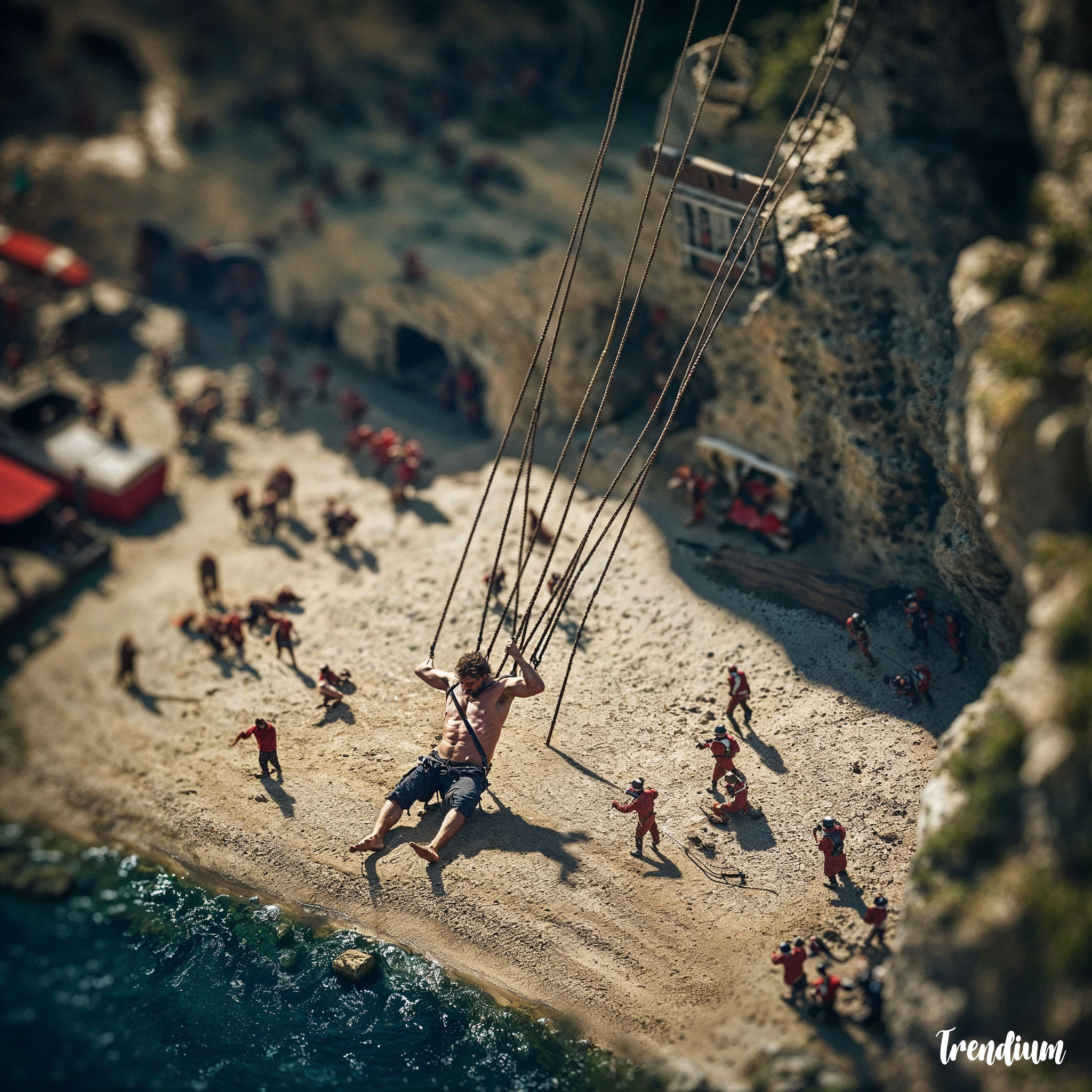 [prompt] Hyper-realistic tilt-shift photography of Gulliver captured by Lilliputians, miniature world perspective, giant man tied down on a beach, tiny people swarming around, intricate ropes and ladders, vibrant colors, dramatic lighting, detailed landscape with miniature buildings in background, diorama effect, 8k resolution, cinematic composition
