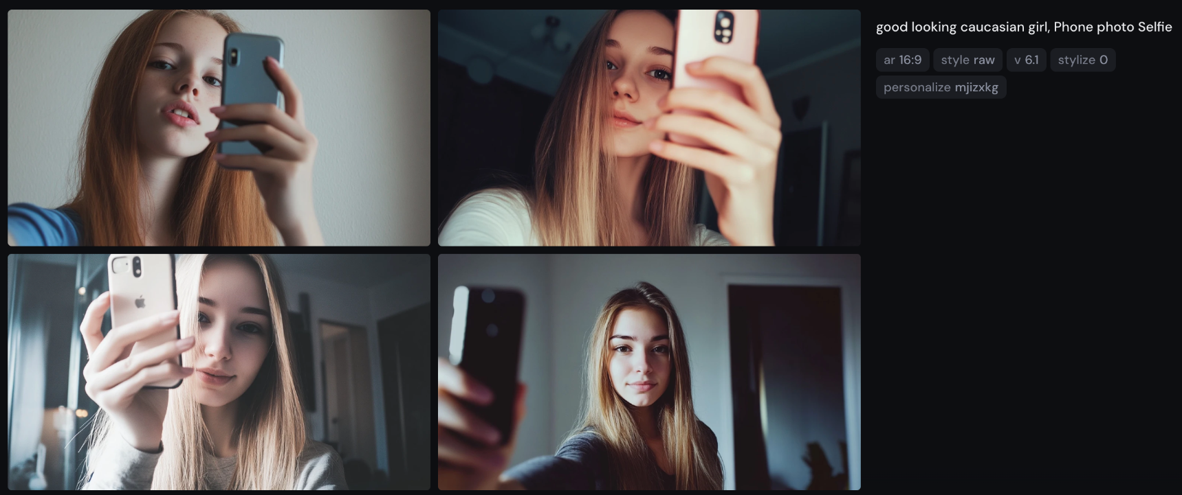 prompt : good looking caucasian girl, Phone photo Selfie --ar 16:9 <b>--style raw</b>