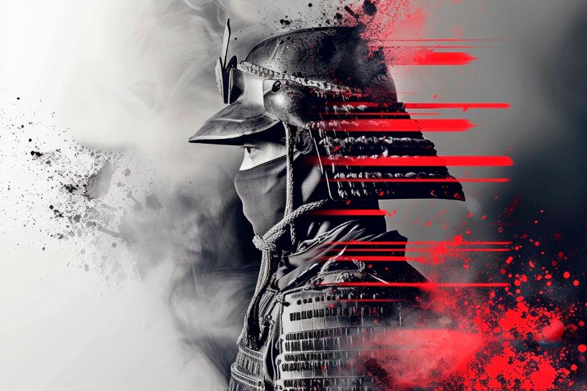 double exposure portrait of a samurai ninja dissolve effect and black and red splatter and unstoppable flow of time