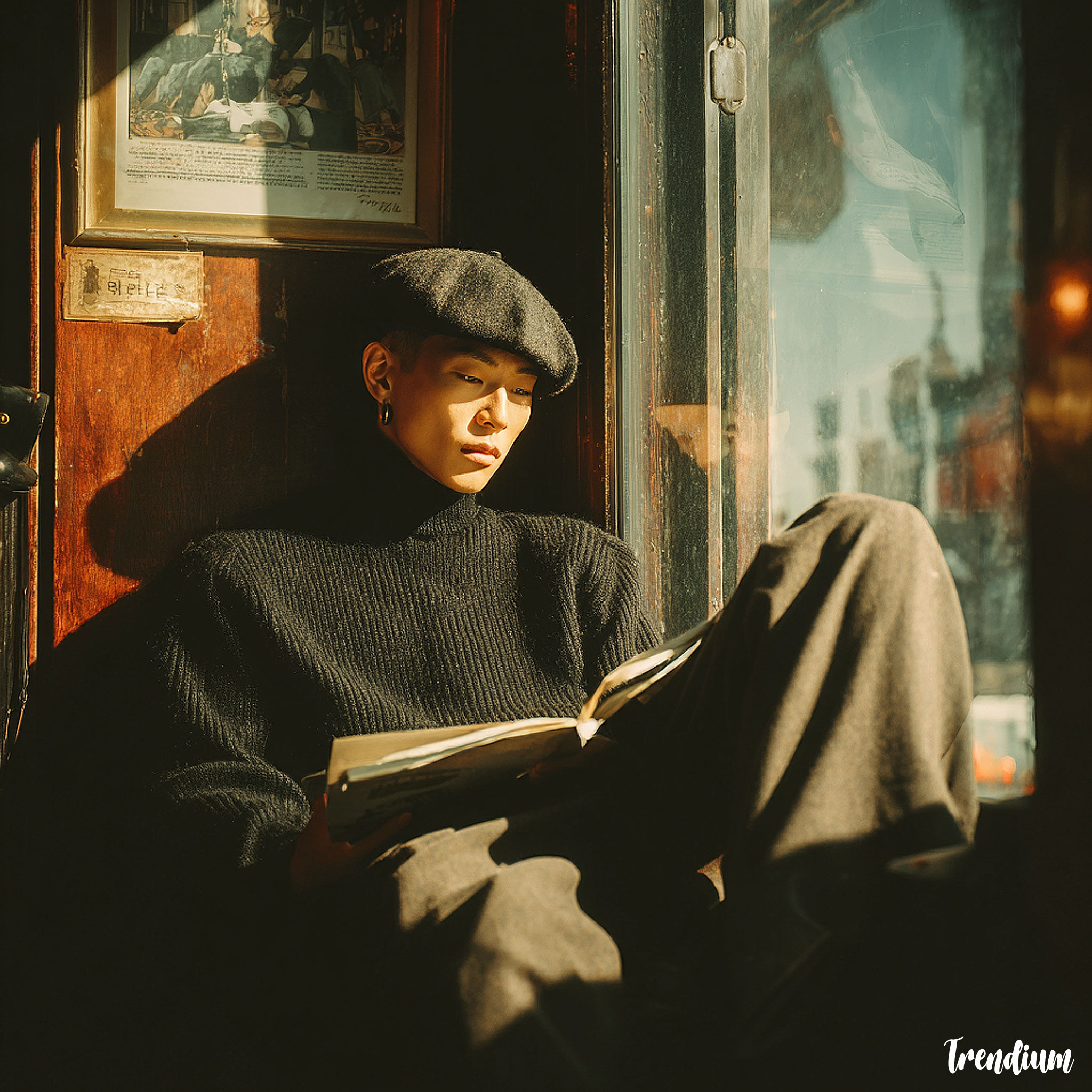 [prompt] Korean man in beatnik-inspired fashion editorial, black turtleneck, loose wool trousers, beret, sitting by a window in a vintage cafe, reading poetry, cinematic lighting, retro modern mood, soft grain texture, warm brown and grey tones --stylize 200