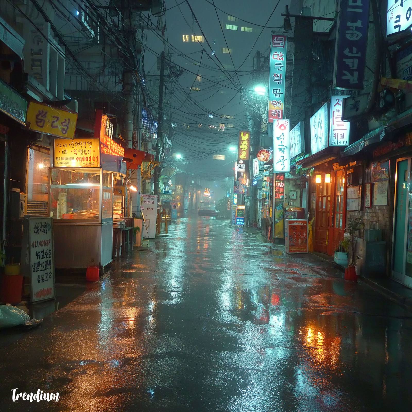 [prompt] empty Myeong-dong street at night, neon signs flickering, silent food stalls, wet pavement reflecting lights, no people, quiet alleyways, eerie atmosphere, liminal urban space, analog horror, surreal downtown void --v 7 --stylize 400 --weird 10