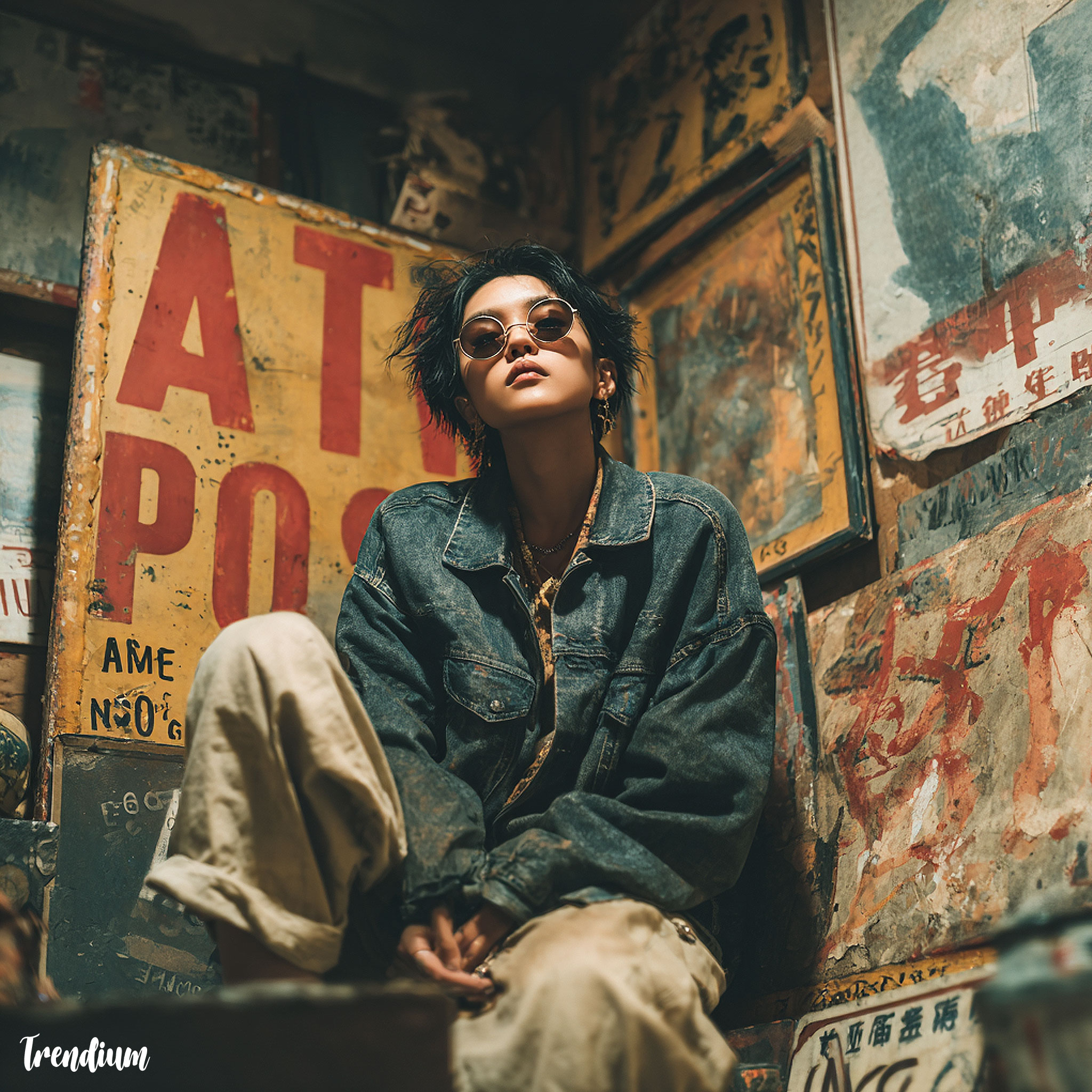 [prompt] Korean fashion model in beatnik attire posing in a cluttered art studio, surrounded by repurposed objects, collage boards, old signage, grainy textures, evoking anti-art sentiment --stylize 500