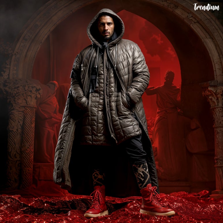 Men's Fashion Pictorial Inspired by Knight of the Crusades, Modern Reinterpretation, High Fashion, Hyperrealism, Exaggerated Decorations design, realistic, in the style of balenciaga, single color backdrop, UHD 32K, high detail, shot wide view, fisheye lens, photograph of a man posing, he is wearing some chunky sneakers, techwear clothing, rococo style, vivid and rich color, spring flower pattern fabric, pink and gold