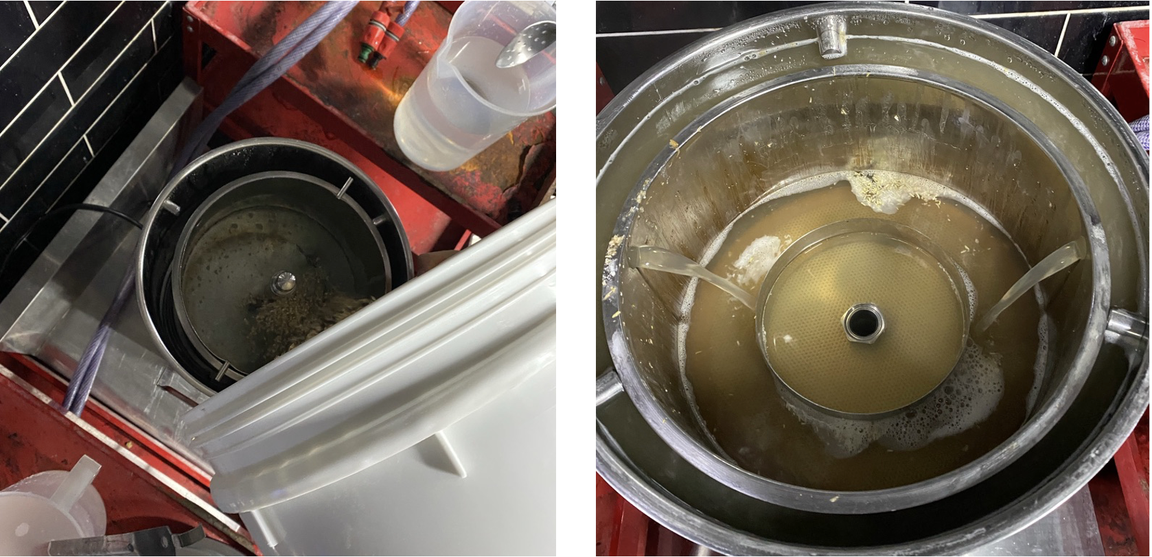 곱게 갈아준 맥아(보리)를 기계에 넣고 우려냅니다! 