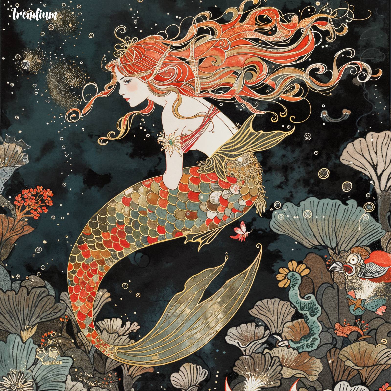 [prompt] Little Mermaid. ukiyoe style, Japonisme-inspired concept drawing, a Japanese woodblock print style, vivid, detail --v 6