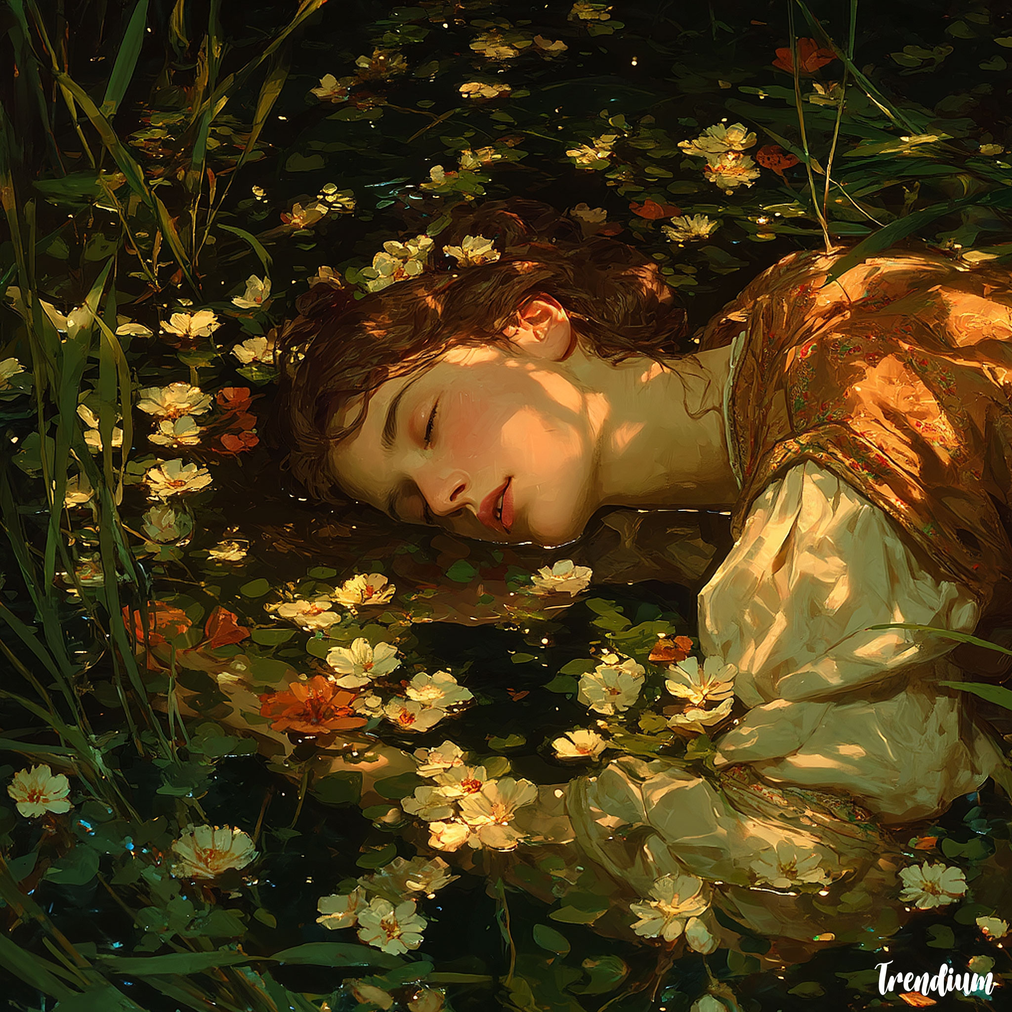 [prompt] ophelia floating in a river, surrounded by wildflowers and ivy, pre-raphaelite art style, romantic realism, candlelit atmosphere, soft shadow and highlight, hand-painted look, melancholic expression, golden hour lighting --v 7 --stylize 300