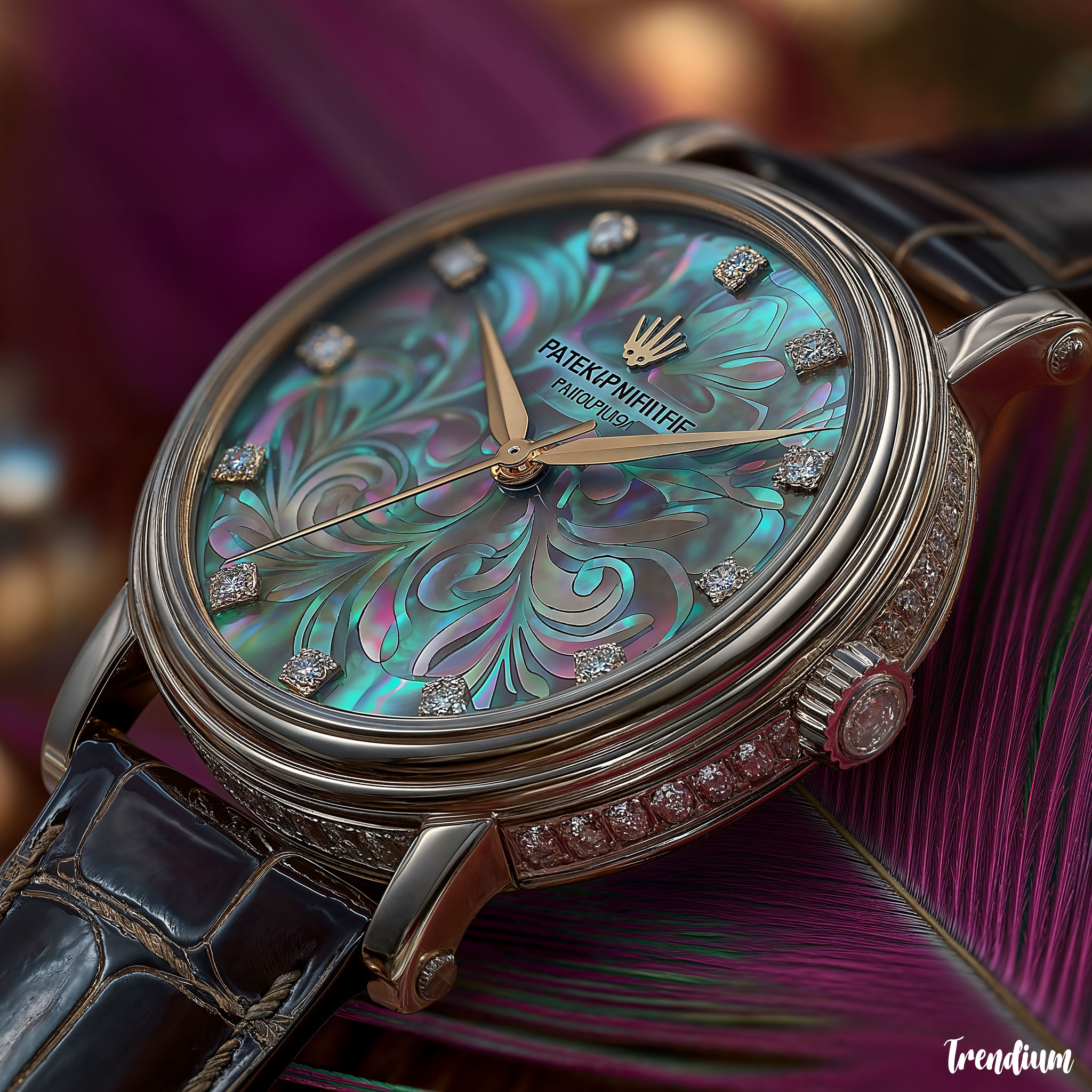 [prompt] Patek Philippe haute horlogerie wristwatch with a white gold case and exquisite mother-of-pearl dial, subtle pink iridescent shine, intricate floral guilloché pattern, diamond index markers, displayed on a deep velvet background, hyper-realistic product photography style --v 7 --stylize 500