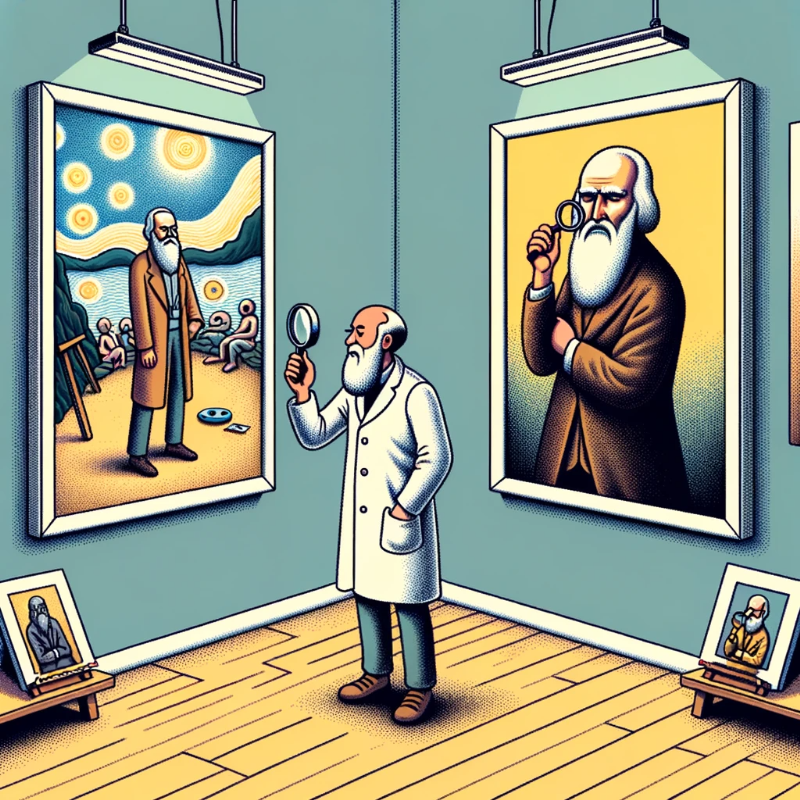 Vector Art: A scene depicting the thinker standing between two canvases. One canvas showcases the original &#39;천지창조&#39;, and the other reveals the modern parody. The thinker, holding a magnifying glass, critically evaluates both artworks, comparing their essence and details.