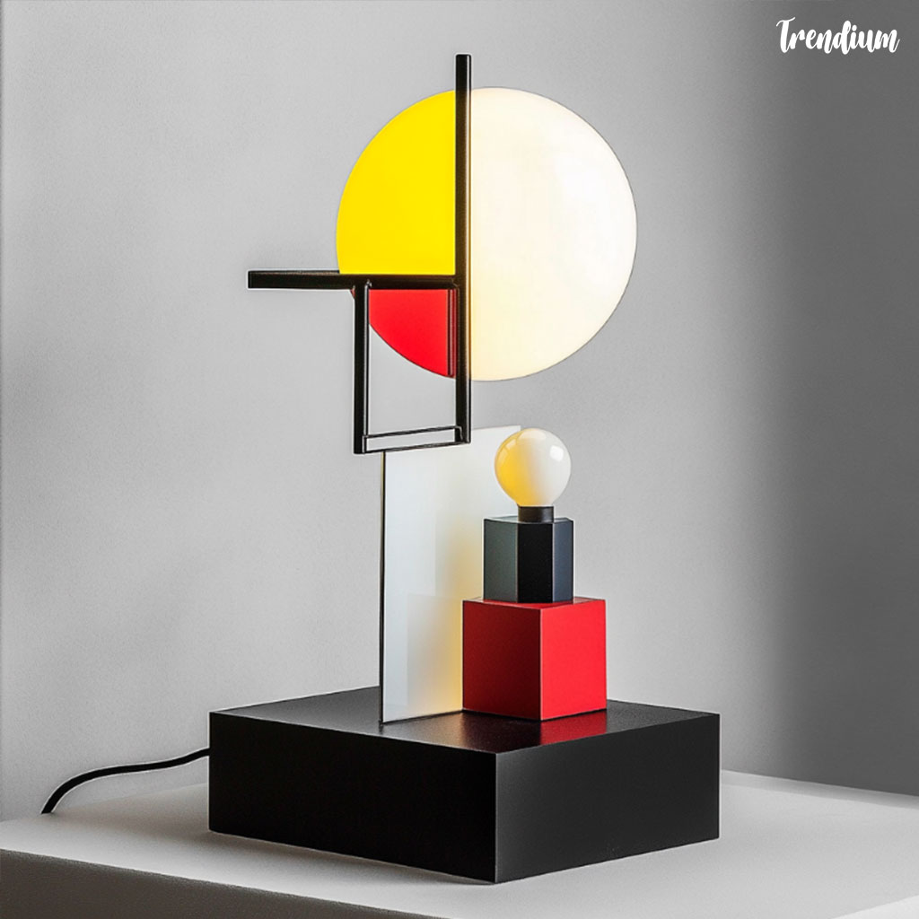 [prompt] Bauhaus-inspired lamp design, geometric shapes, clean lines, functional, minimalist, metal and glass materials, black and white with primary color accents, studio lighting, high contrast, 8k resolution