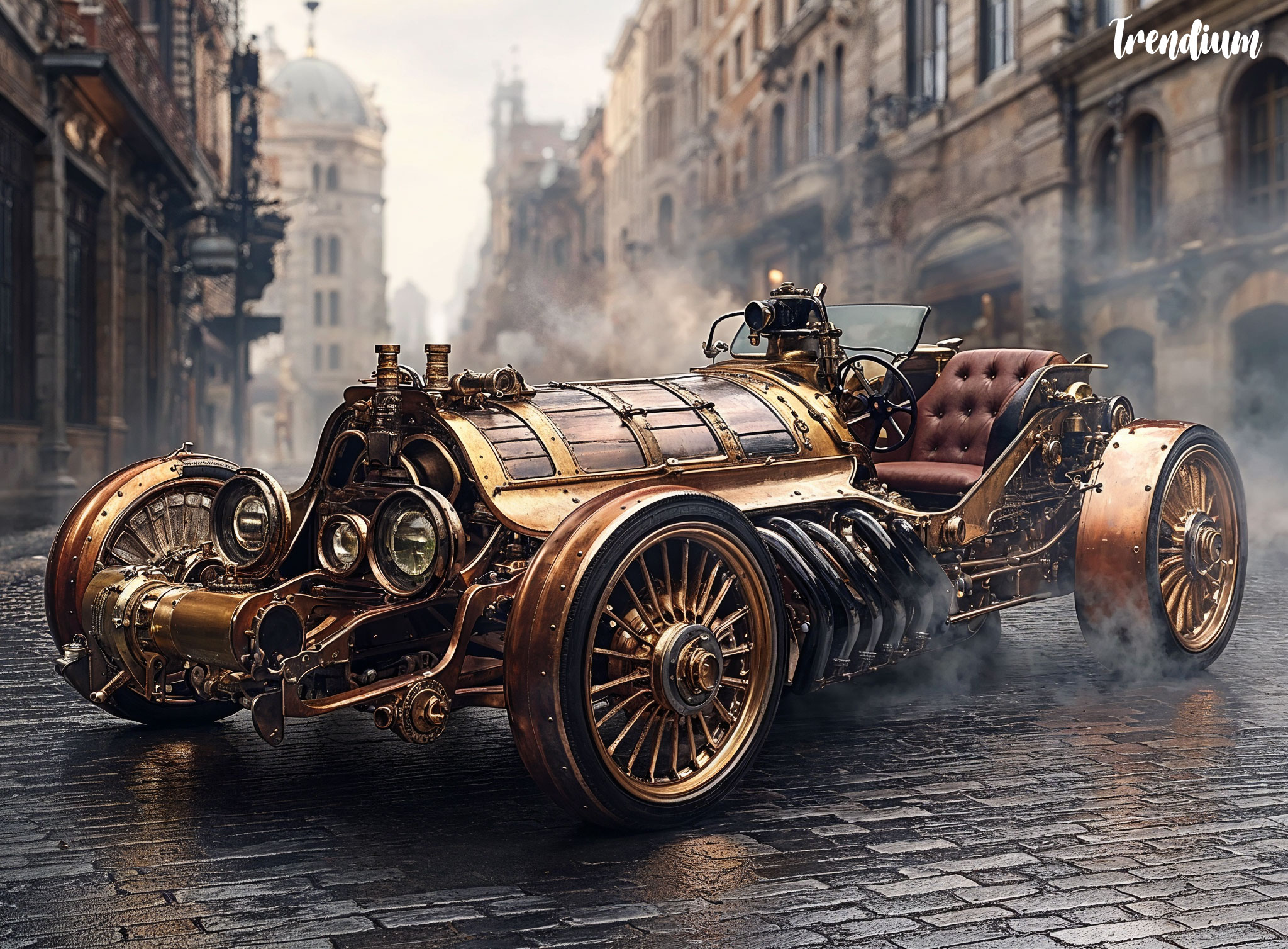 [prompt] Design a steampunk-inspired car with a vintage yet futuristic aesthetic. The vehicle features a sleek, elongated body made of polished brass and copper, with intricate mechanical details like exposed gears, pipes, and steam vents. The wheels are large, adorned with ornate brass spokes and reinforced with riveted metal. The headlights are oversized, powered by steam and encased in retro glass lenses with brass fixtures. The interior combines luxurious leather seats with brass accents, while the dashboard is filled with analog dials, pressure gauges, and mechanical levers. Steam-powered exhaust pipes run along the sides, and the roof features a retractable brass canopy with riveted edges. The overall design merges Victorian elegance with industrial, mechanical innovation, set against a background of a foggy, industrial cityscape.