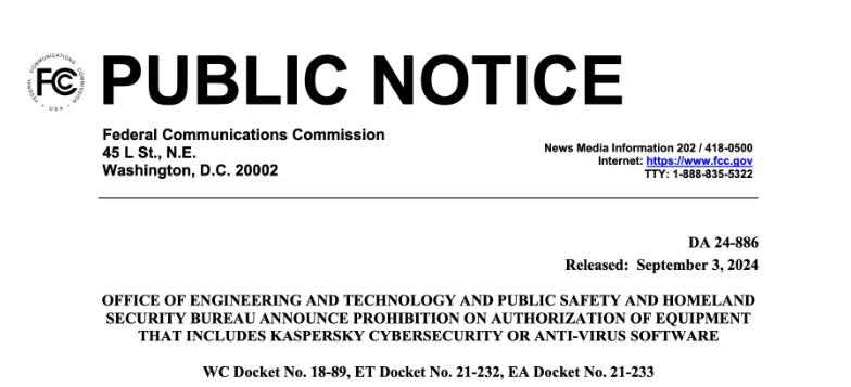   미 연방 정부의 카스퍼스키 승인 금지 문서 출처: https://www.fcc.gov/document/fcc-prohibits-authorization-equipment-including-kaspersky-software