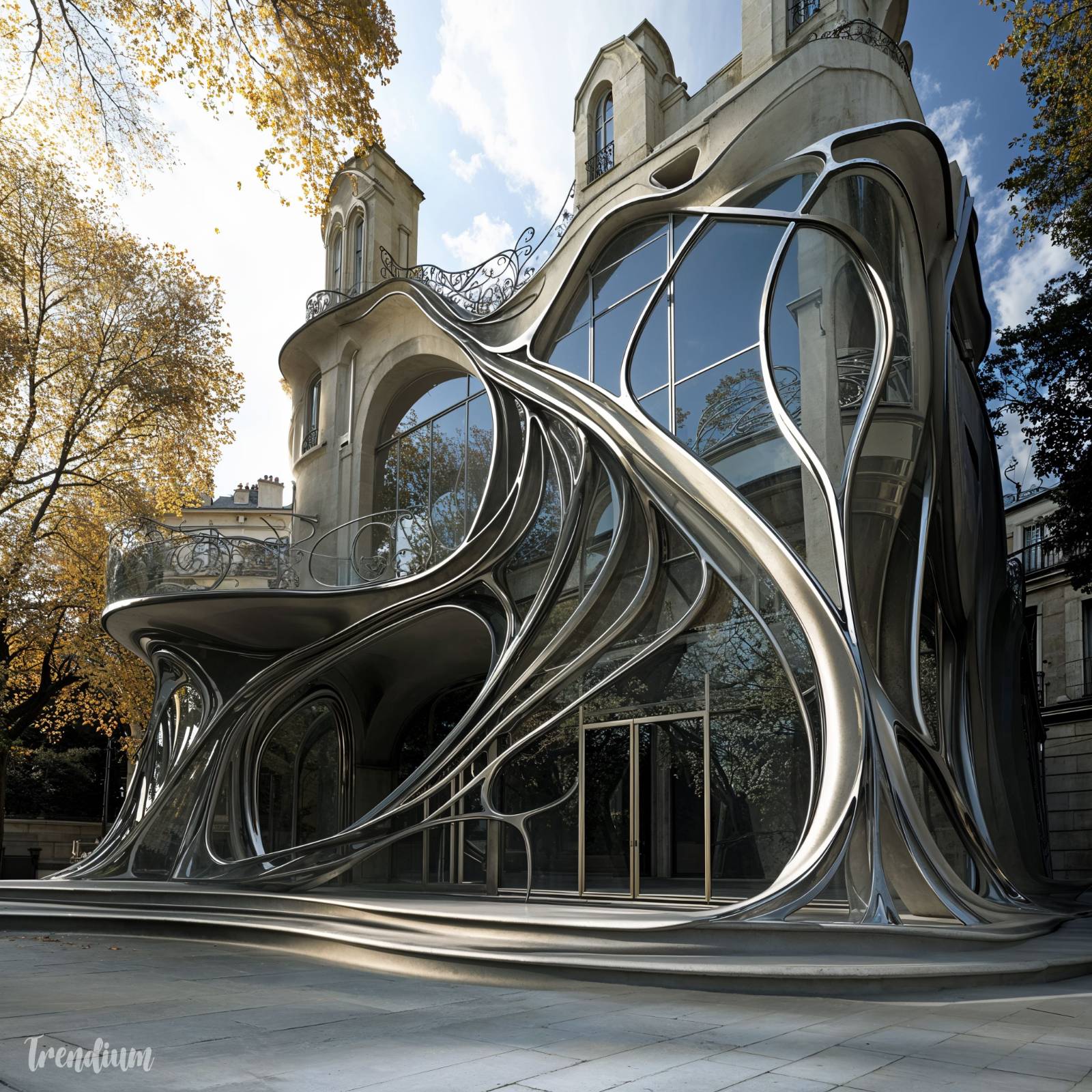 [prompt] futuristic architecture that has been influenced by Hector Guimard's Art Nouveau style, which features flowing organic curves, intricate iron structures that resemble vines, and large, arched windows. The exterior is decorated with nature-inspired motifs such as flowers and leaves. The building combines futuristic design and elegance to integrate natural forms and cutting-edge technology.