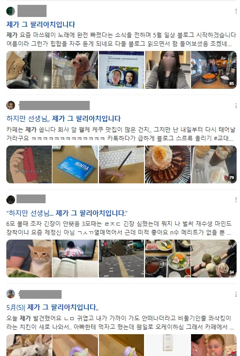 이미지 = 네이버 블로그 검색 캡처 (https://search.naver.com/search.naver?sm=tab_hty.top&ssc=tab.blog.all&query=제가+그+팔리아치입니다&oquery=팔리아치입니다&tqi=jZpOasqVOsVssEQSDewssssssNs-394249&ackey=gxprucgf)