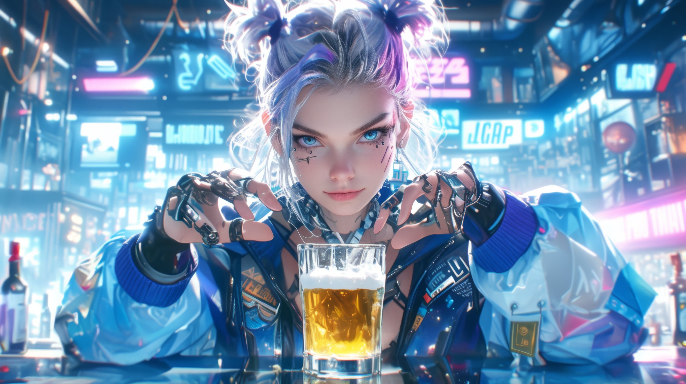 This captivating full length portrait captures a stunning female cyberpunk with amazing detail , in a drinking pose ,in a busy cyberpunk bar. Drinking beer from a pint glass Wearing blue+maroon+yellow+orange meticulously detailed cyberpunk futuristic outfit ,The camera focuses on her expressive eye. The bars neon lighting creates a fast paced atmosphere. The photograph, taken with a Canon EOS 5D Mark IV and a 50mm f/1.4 lens, highlights the contrast between her focus and the high-tech environment. --s 1000 --niji 6 --ar 16:9