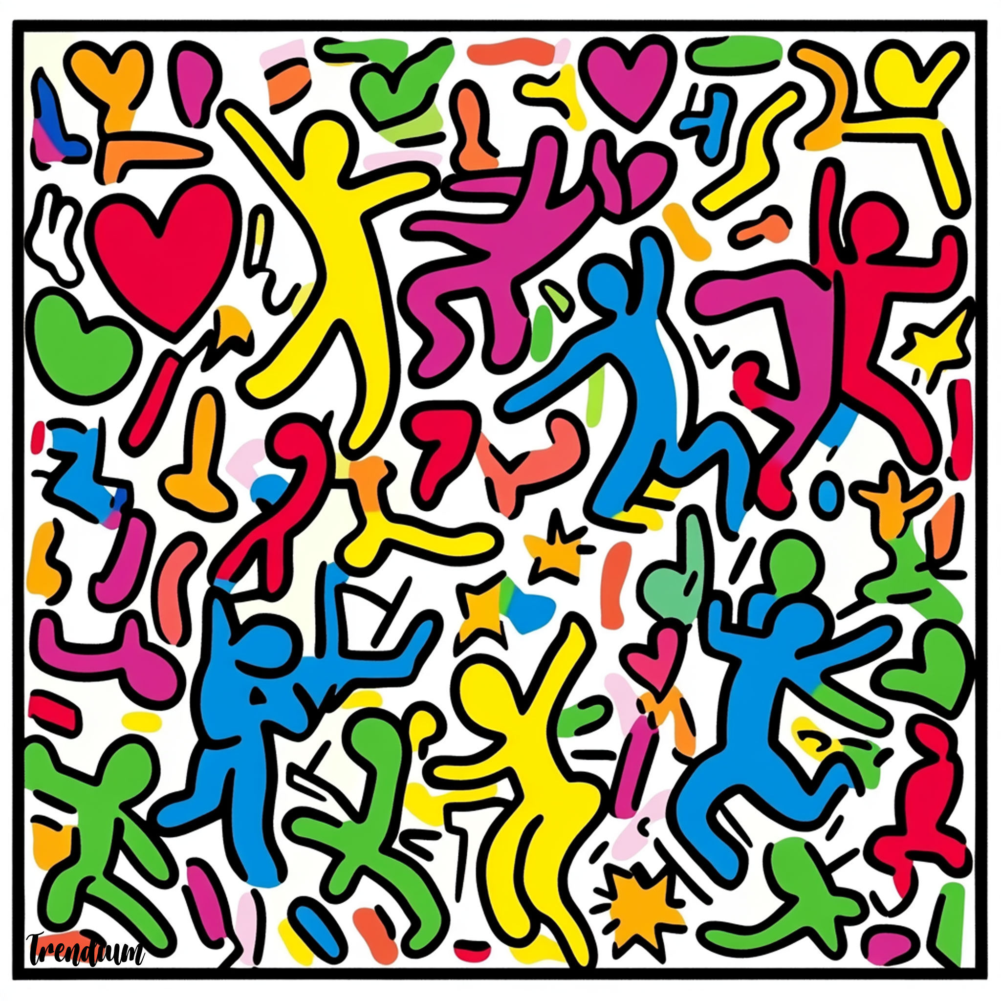 [prompt] A vibrant pop art illustration in the style of Keith Haring, featuring bold outlines and bright colors. Depict playful figures dancing and interacting in a lively urban setting, surrounded by iconic symbols such as hearts, stars, and radiating lines. Capture the energy and joy characteristic of Haring's work, with a sense of movement and community.