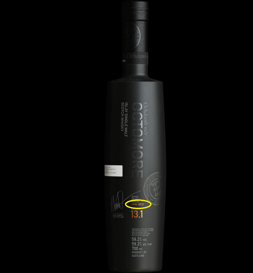 옥토모어 13.1 이라는 위스키에는 노란색 동그라미 처럼 PPM 수치가 나와있습니다.