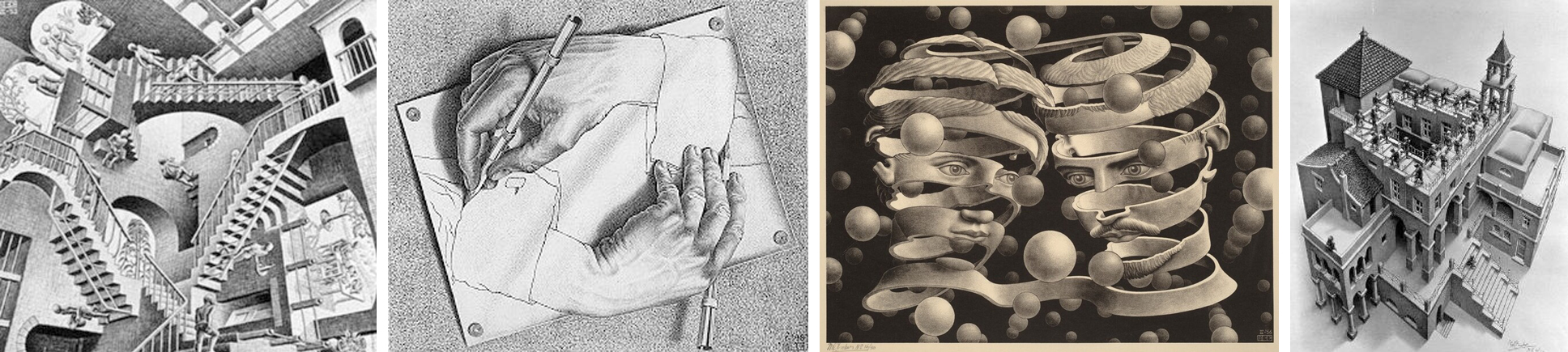 (왼쪽부터) Relativity, 1953  |  Drawing Hands, 1948  |  Bond of Union, 1956  |  Ascending and Descending, 1960