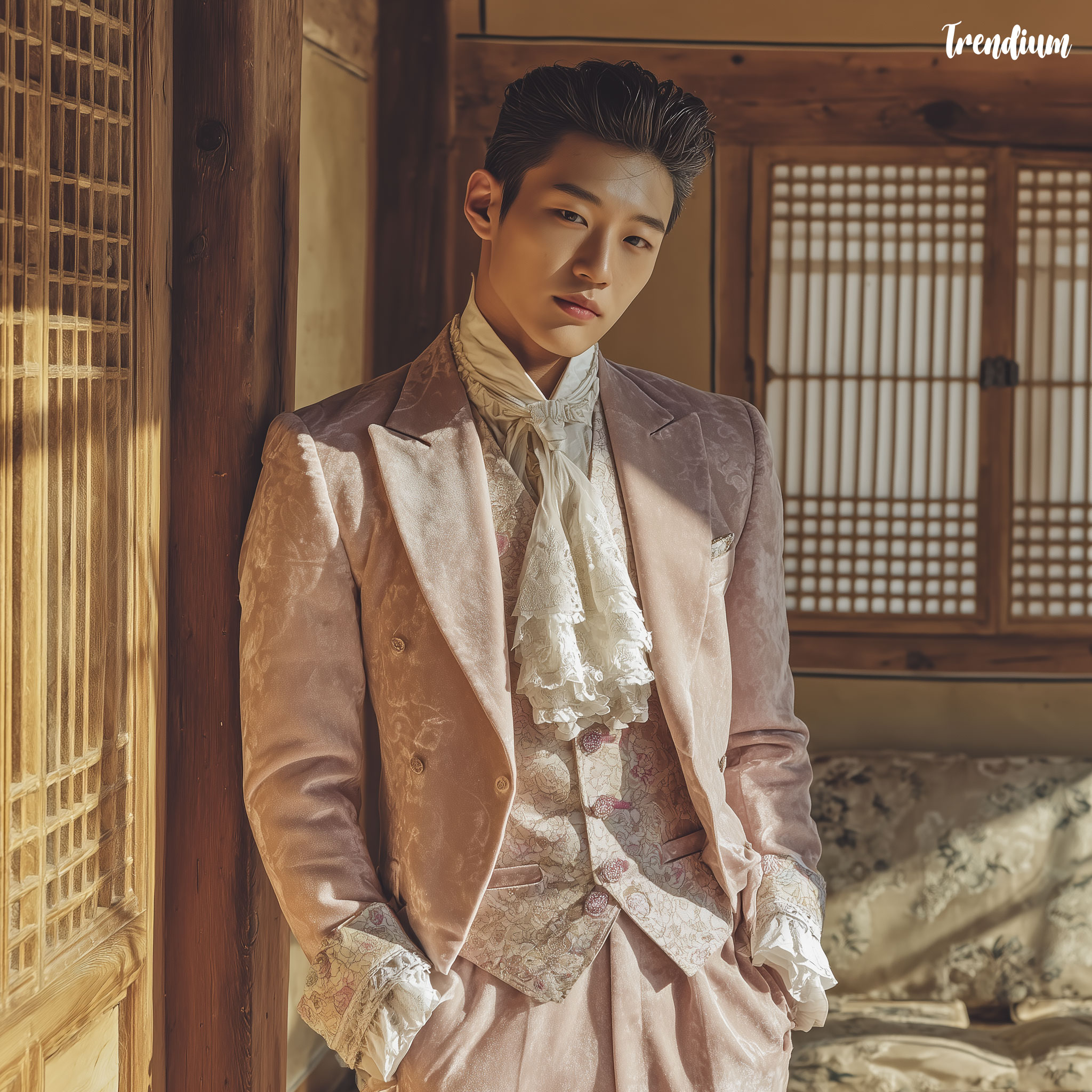 [prompt] A Korean male model wearing a pastel velvet Teddy Boy-inspired suit with Rococo accents delicate lace cuffs, pearl-embroidered lapels, soft floral pattern lining, and a frilled cravat standing in a bright hanok-style room with golden sunlight streaming through traditional windows, DA hairstyle sculpted into a soft pompadour with a powdered texture, gentle expression, cinematic lens with a soft dreamy glow, elegant and poetic atmosphere that blends 18th-century Rococo flair with 1950s British youth culture --v 7