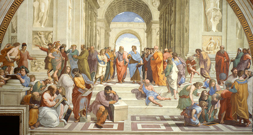 라파엘로, <아테네 학당>, 1509–1511, 프레스코, 바티칸 궁 스탄차 델라 세냐투라
고대 철학자들과 지성인들을 이상화하여 그린 르네상스 인문주의의 대표작.