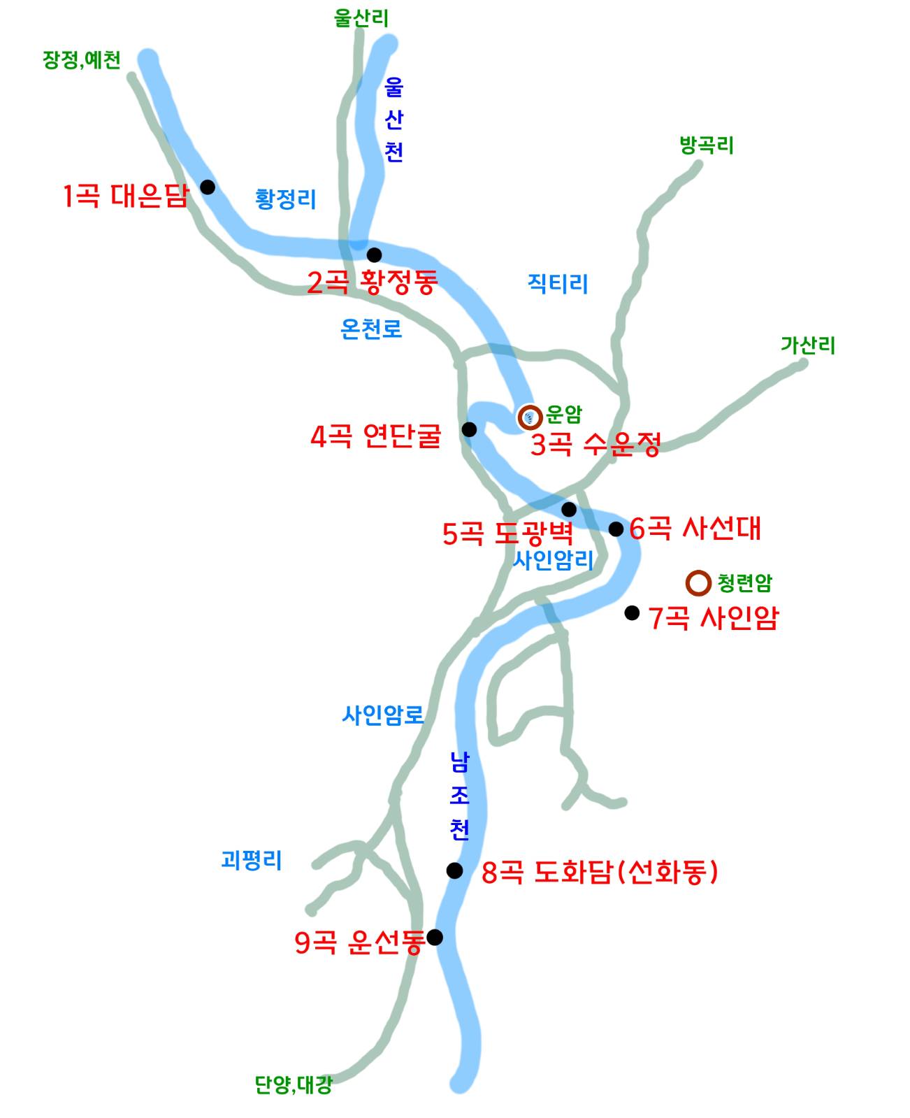 운선구곡 모식도&nbsp;–&nbsp;3곡이 수운정이다&nbsp;(자료&nbsp;:&nbsp;단양군,&nbsp;필자의 재구성)