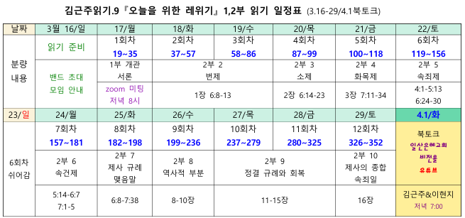 <오늘을 위한 레위기> 함께 읽기 일정표