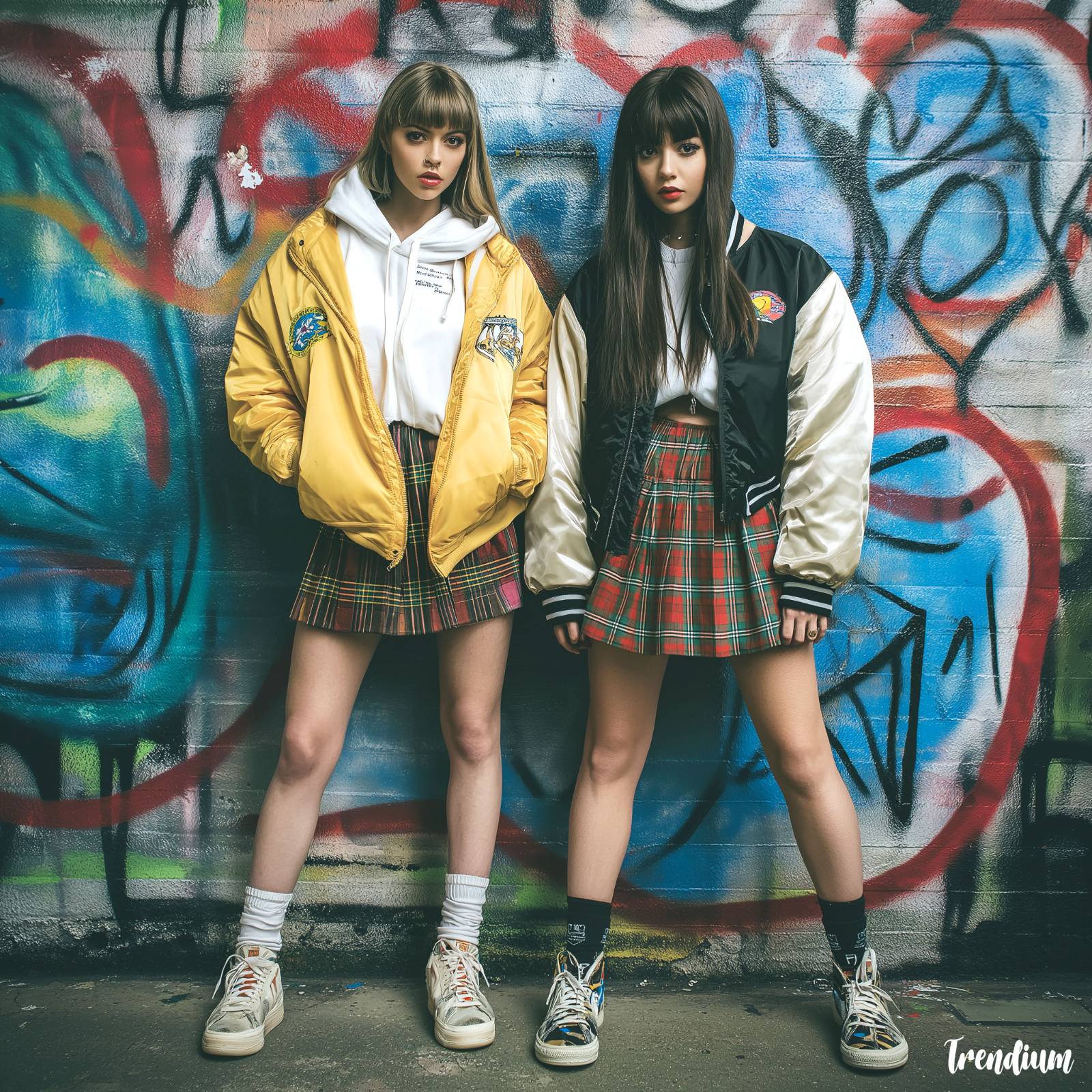 [prompt] urban fashion pictorial, models in reinterpreted school uniforms with hoodies, bomber jackets, plaid skirts, sneakers, graffiti wall background --v 7
