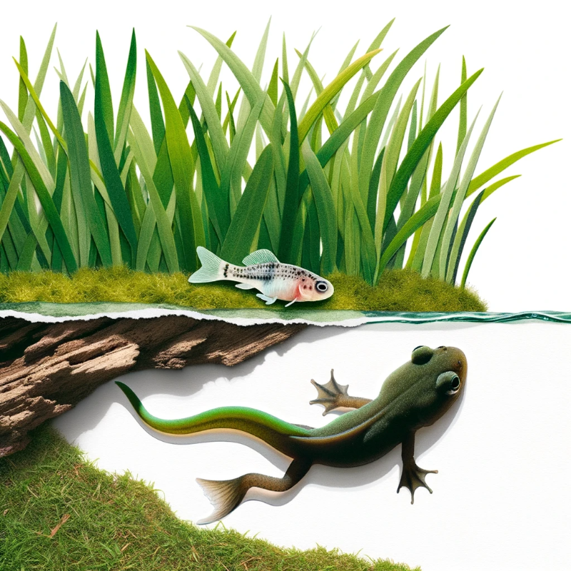 Collage illustration focusing on a grassy bank of a pond. A tadpole, with tiny front legs and a shrinking tail, ventures out of the water. A minnow looks on with a mix of amazement and confusion. The white space around the tadpole highlights its journey from water to land, capturing the mood of evolution and growth.