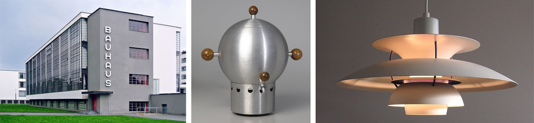 (좌) 대표적인 모더니즘 건축 데사우 바우하우스, 1925   |   (중) 커피 항아리, 러셀/메리 라이트, 1935년경   |   (우) PH-5 램프, 폴 헤닝센, 1958년