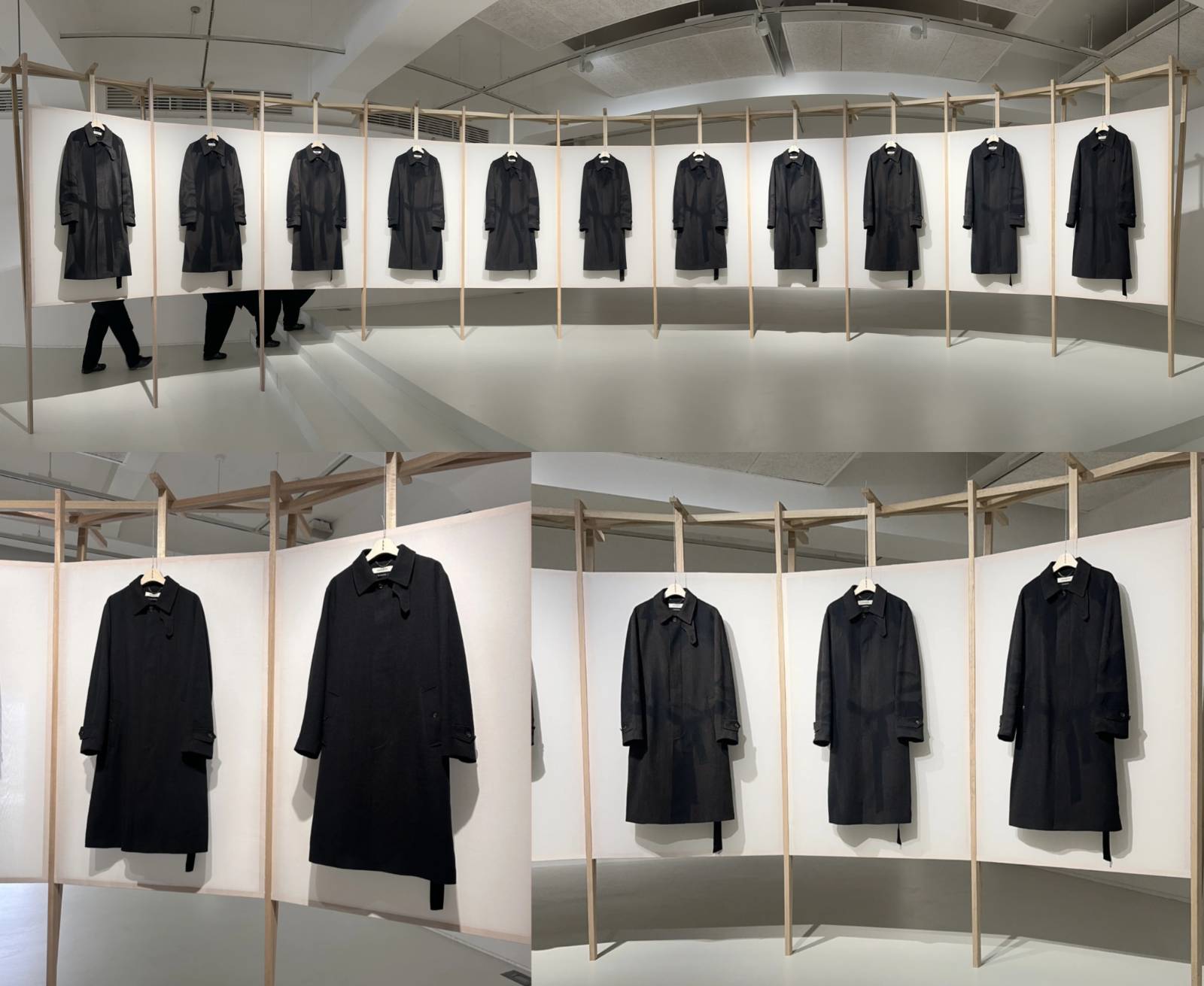 흔적들 Traces, 2025, Sun-bleached coat 22 pcs, fabric, wood, dimensions variable © 퍼니