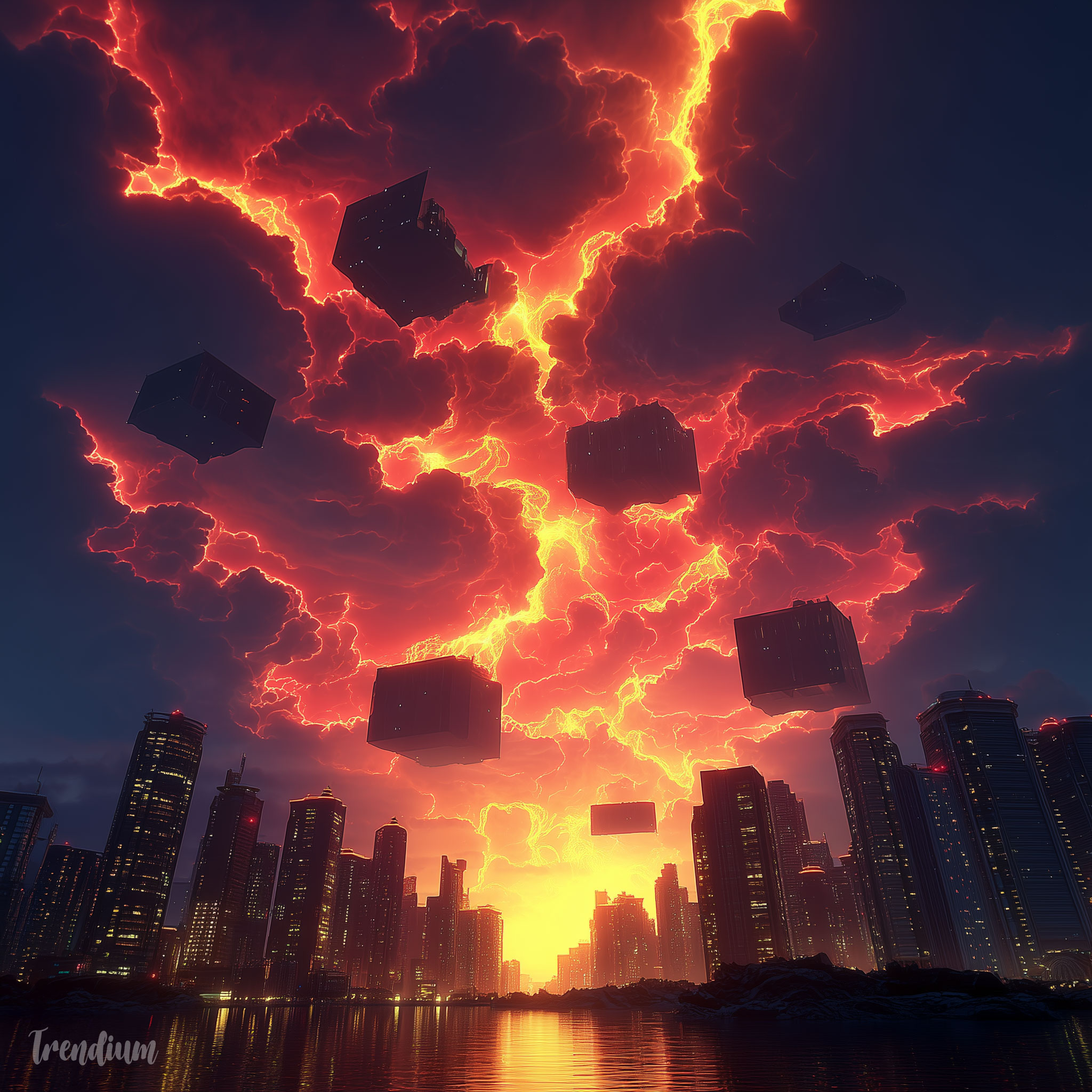 [prompt] modern Seoul skyline under fractured sky, floating black monoliths, tendrils reaching down, cosmic horror urban landscape, cinematic perspective, cosmic horror, Cthulhu, bioluminescent creatures --sref 107383590 --stylize 600 --weird 35 --v 7