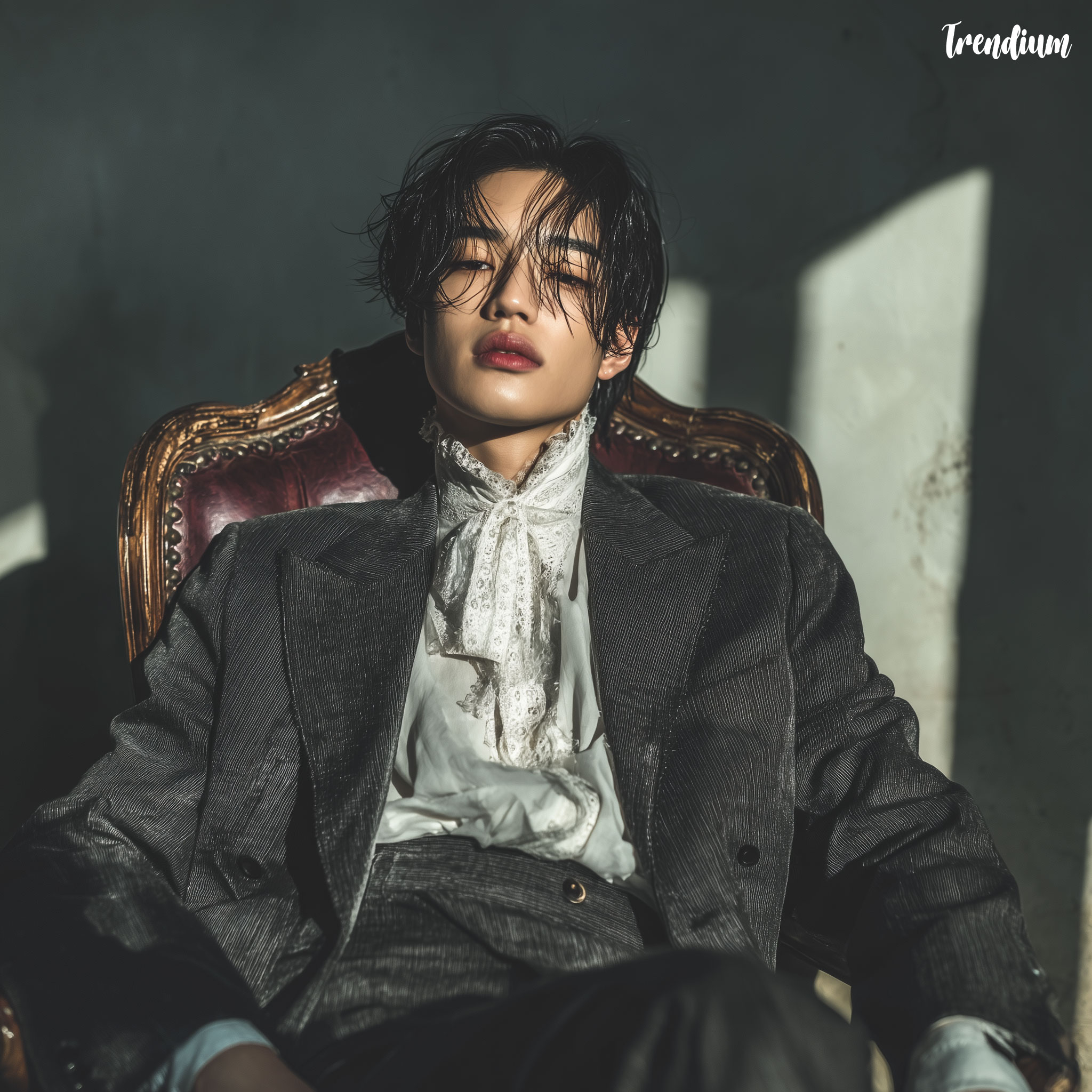 [prompt] A modern fashion pictorial featuring a Korean male model sitting on a vintage leather chair in a muted grey set, wearing a charcoal velvet suit with sharp shoulders, white shirt with frilled collar, calm expression, soft spotlight and shallow depth of field --v 7 --stylize 300
