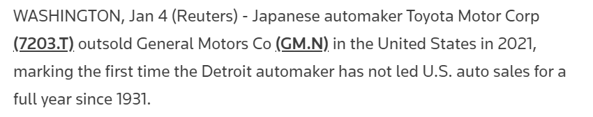 Toyota dethrones GM as U.S. sales leader after nearly a century on top | Reuters