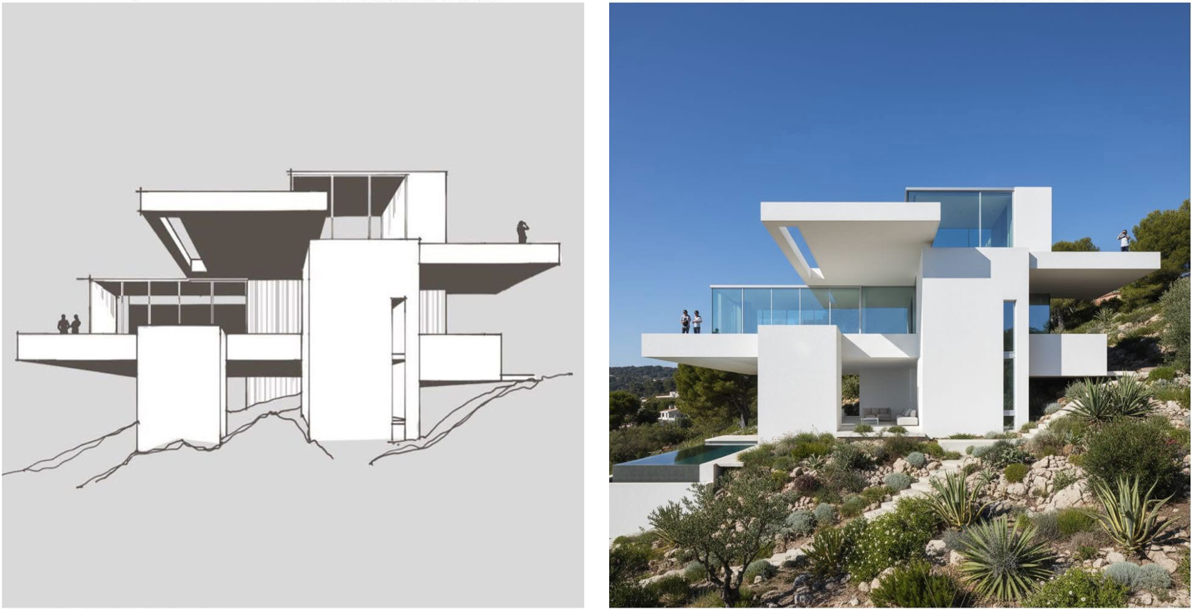 건물 스케치 한 장만 있으면, 비싼 소프트웨어 없이도 실제 사진 같은 렌더링을 얻을 수 있다.